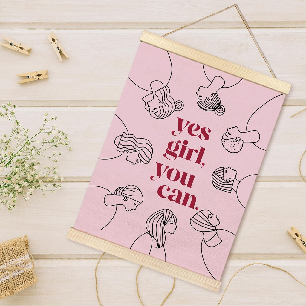 Yes Girl You Can Poster Hanger Frame, Feminist Motivational Quote Wooden Canvas Artwork Print, Pink Positive Wall Painting for Girl Room Home Bathroom Office Decor 12X16inch