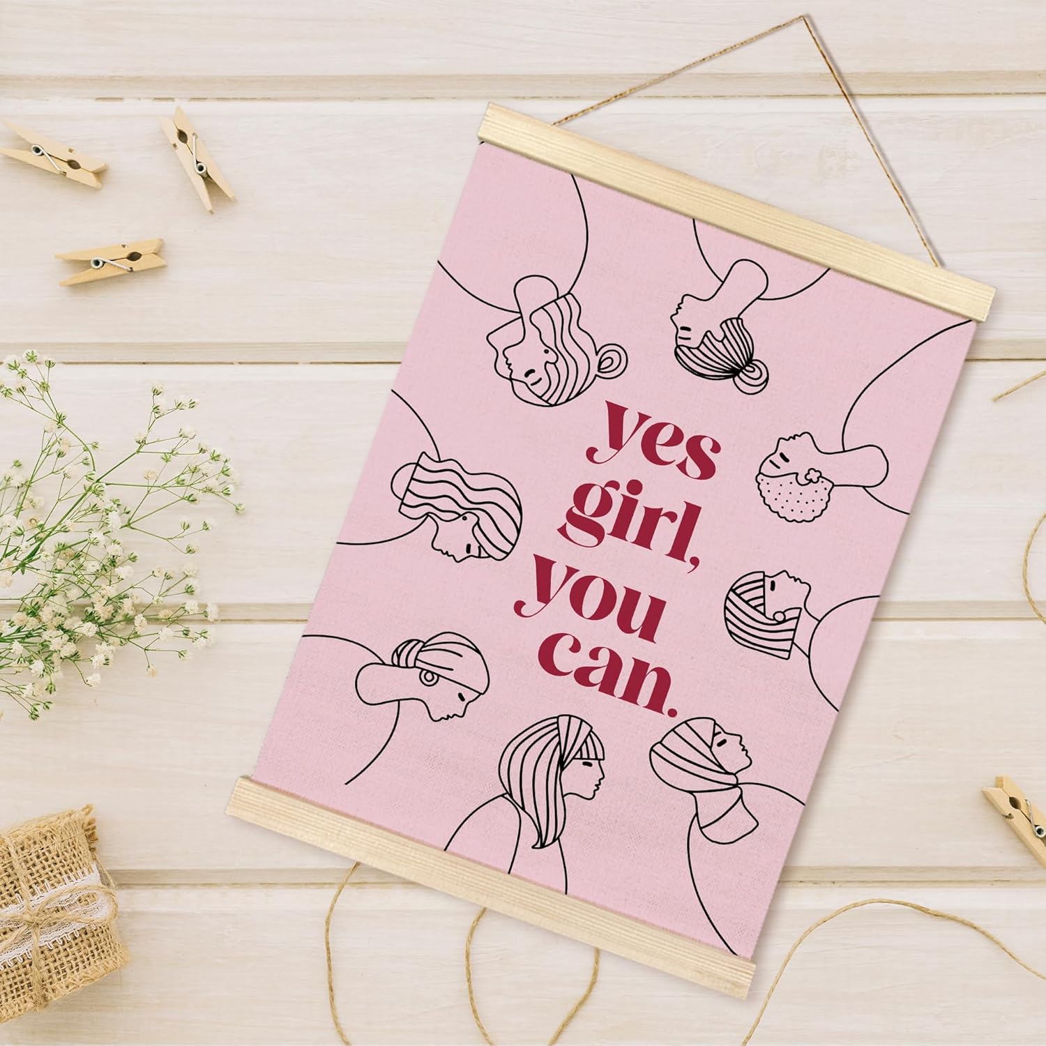 Yes Girl You Can Poster Hanger Frame, Feminist Motivational Quote Wooden Canvas Artwork Print, Pink Positive Wall Painting for Girl Room Home Bathroom Office Decor 12X16inch