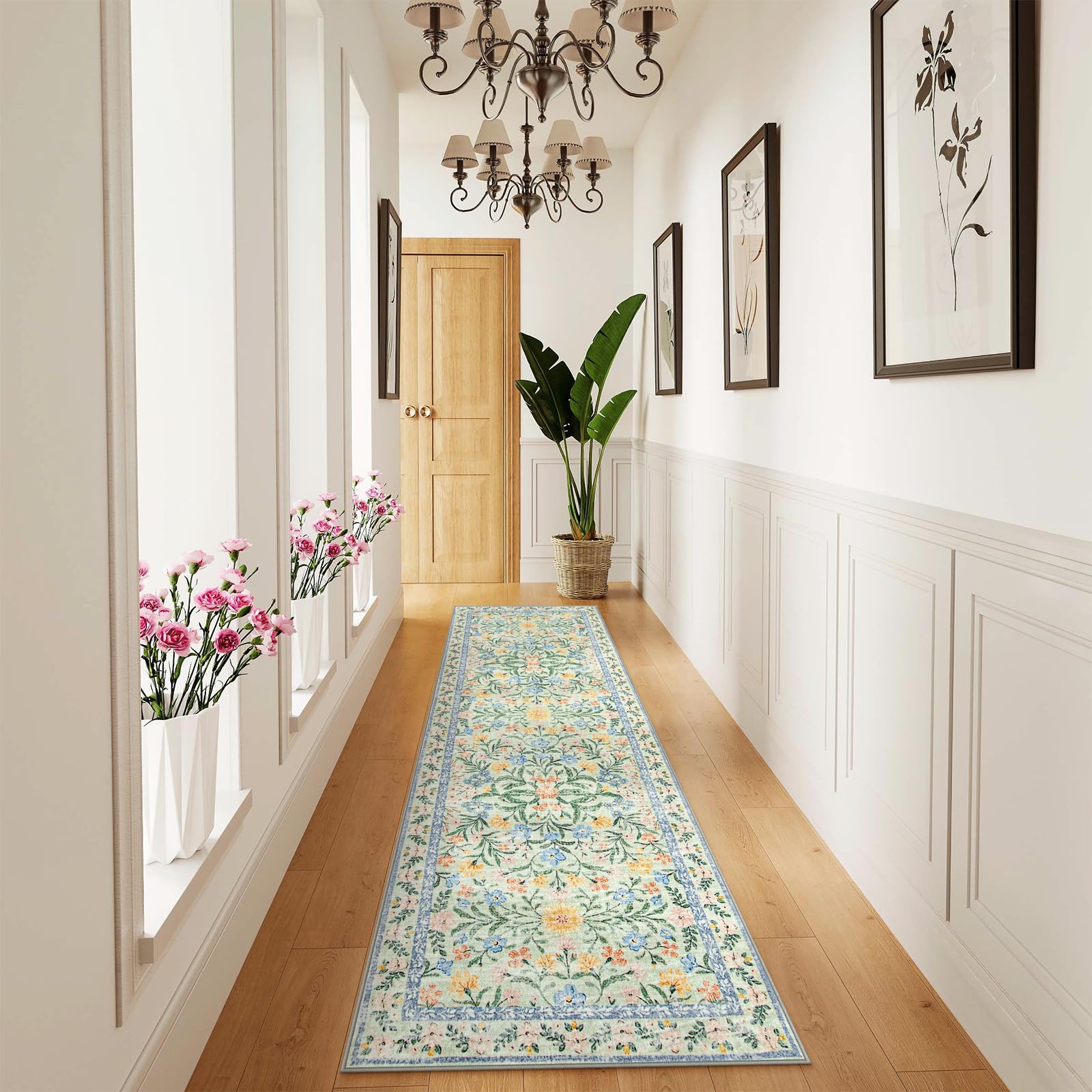 Machine Washable Boho Soft Floral Carpet Non Slip, Indoor Ultra-Thin Floor Carpet for Kid Room Living Room Dorm