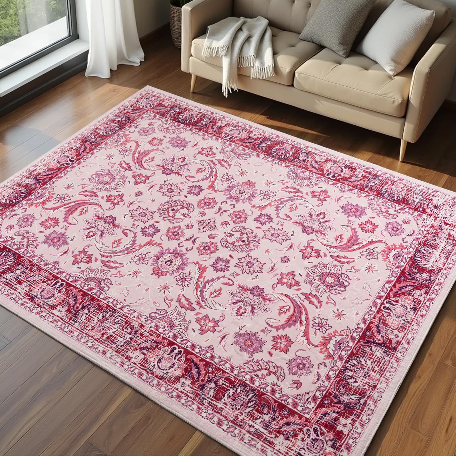 Washable Area Rugs Door Mat Entryway Vintage Floral Non-Slip Low Pile Entrance Thin Rug Carpet for Kitchen Bathroom Living Room Pink