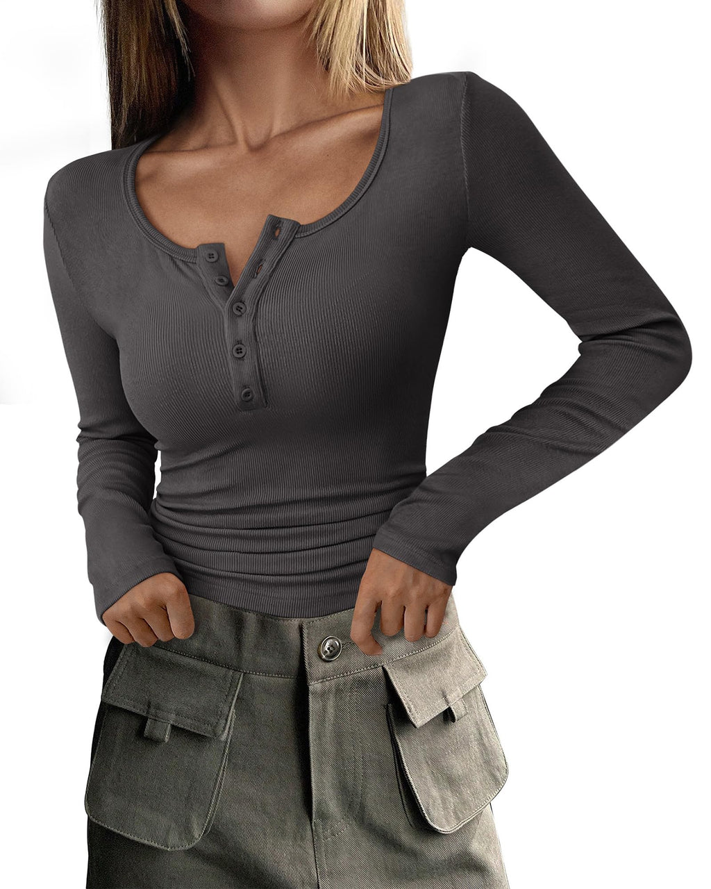 Women's Long Sleeve T Shirts Button Ribbed Knit Slim Fit Basic Tops Blouse