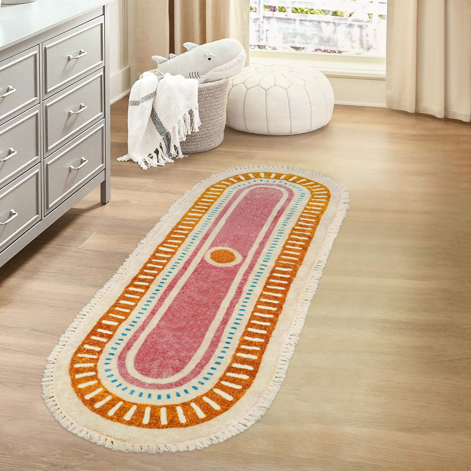 Orange Rainbow Boho Runner Rugs with Fringes, Sun Washable Hallway Runner Rug, Soft Non-Slip Area Rug
