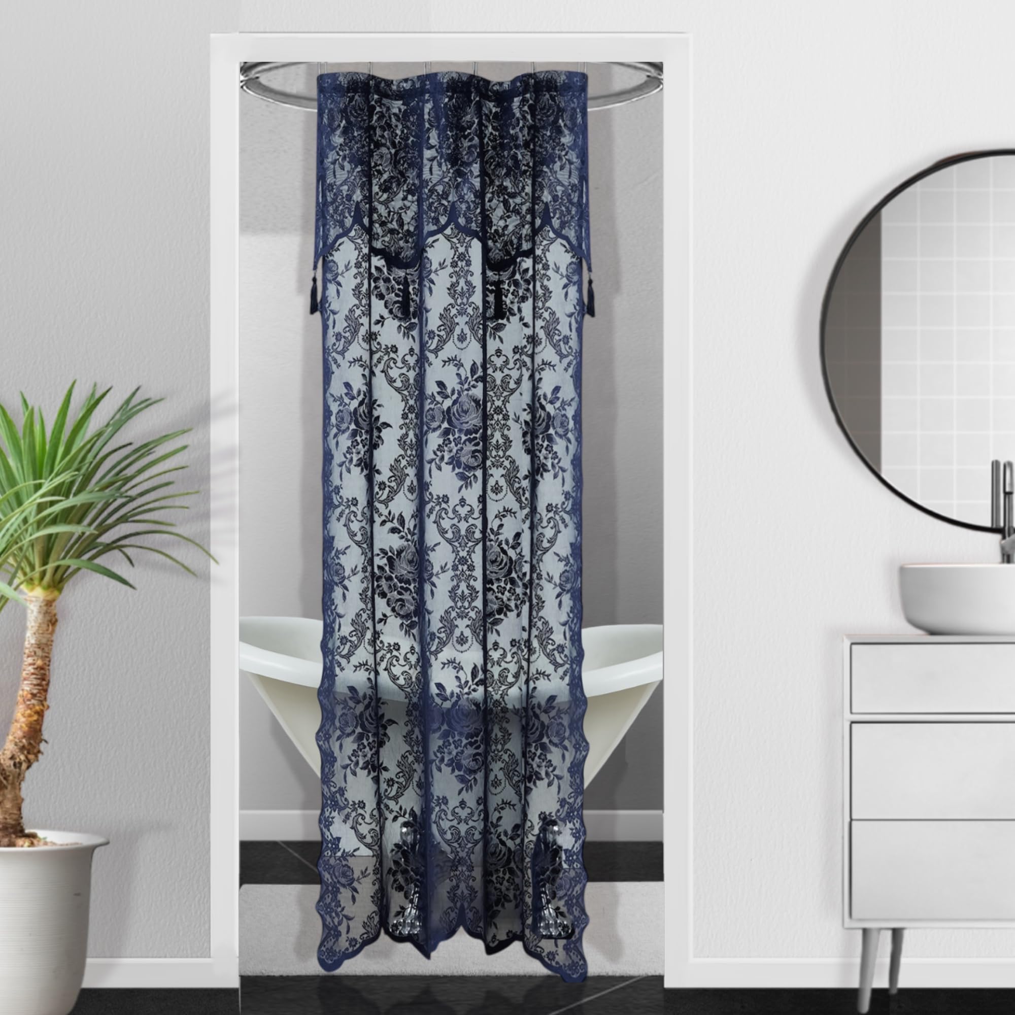Luxury Lace Small Shower Curtain - Lace Shower Curtain with Attached Valance & Tassels
