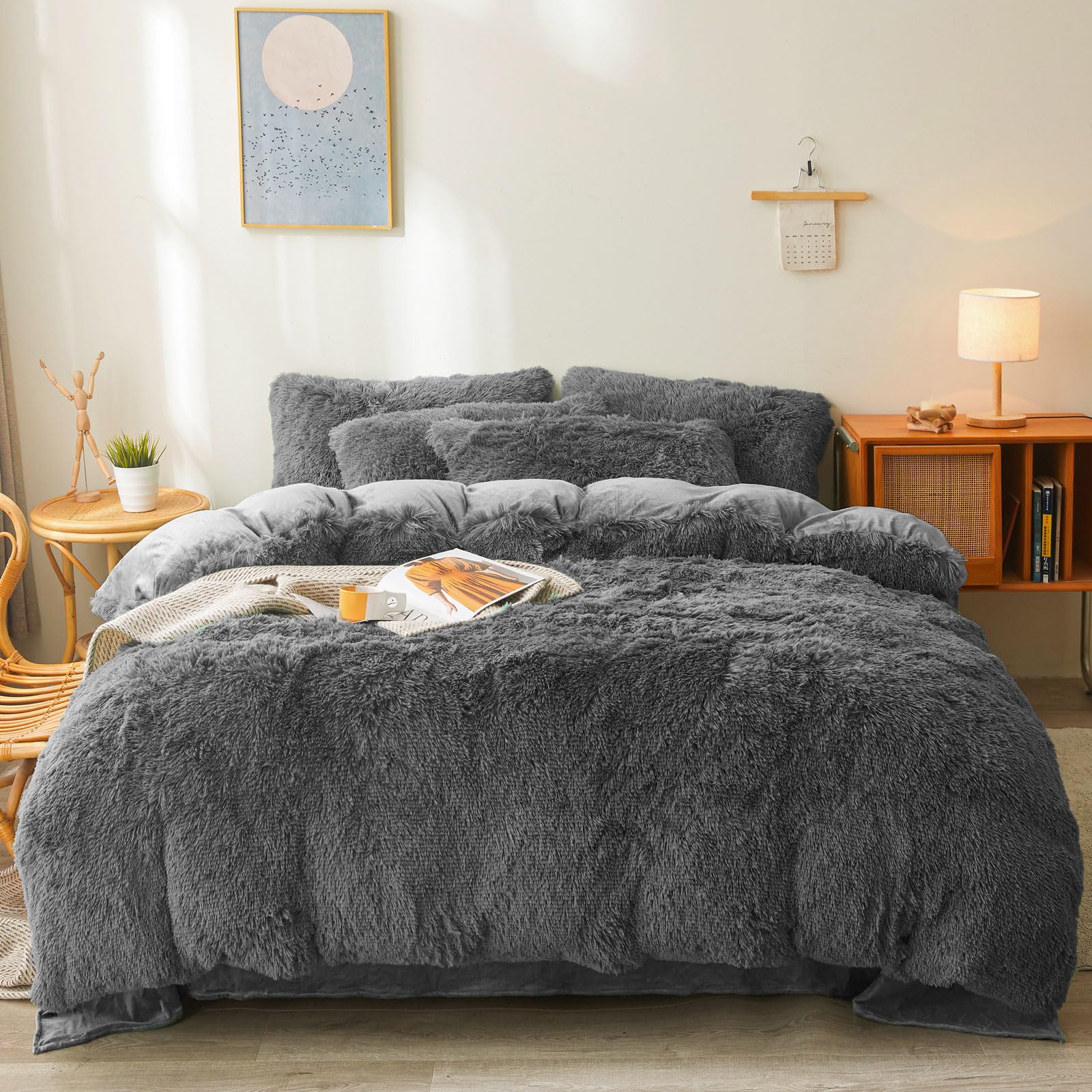 Fluffy Faux Fur Comforter Cover Set Queen - Ultra Soft Plush Bedding Sets 3 Pieces (1 Fluffy Duvet Cover + 2 Faux Fur Pillow case) Cute Bed Set