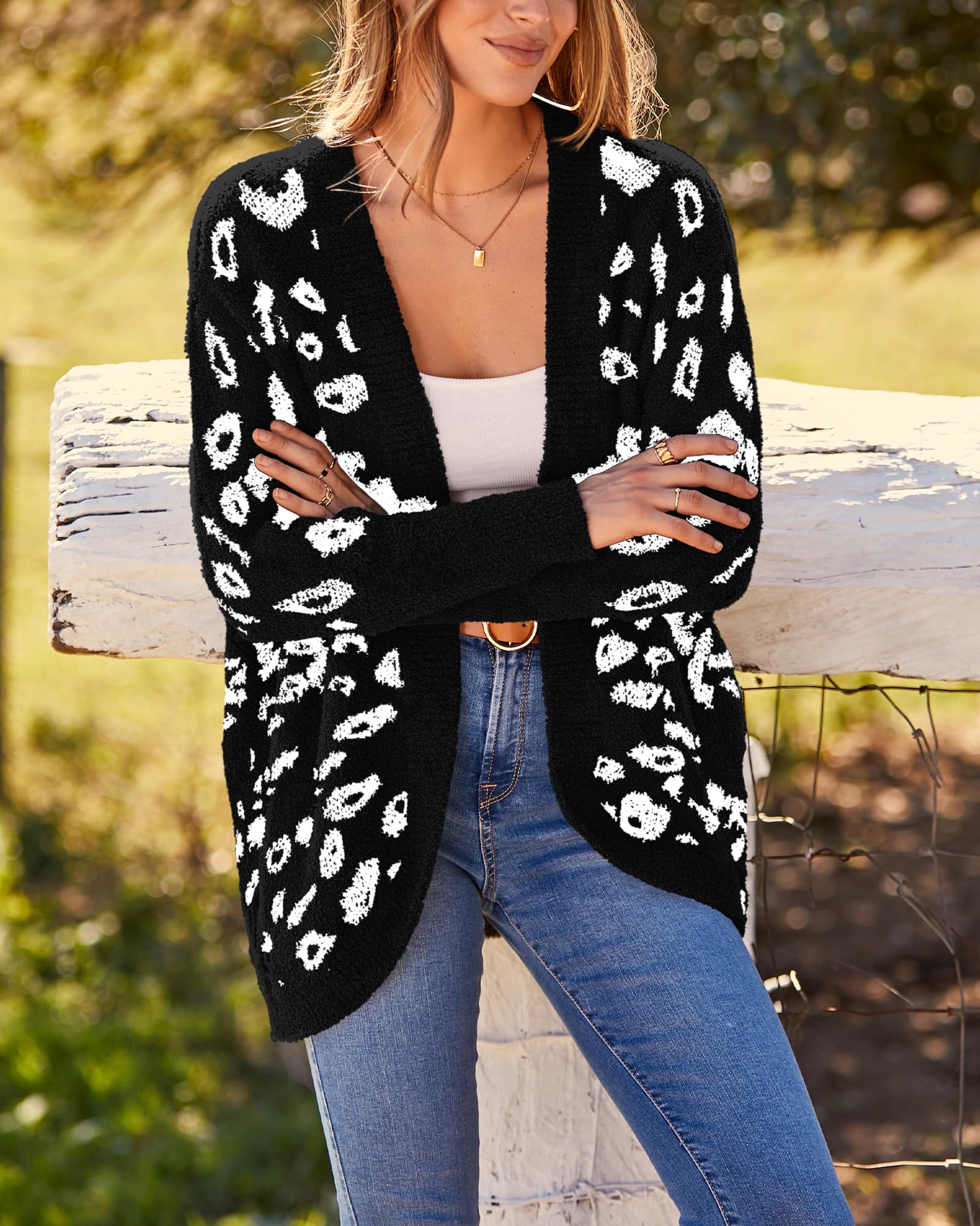 Women Fashion Leopard Print Long Sleeve Sweater Cardigan Loose Knit Open Front Fall Winter Outwear Coats