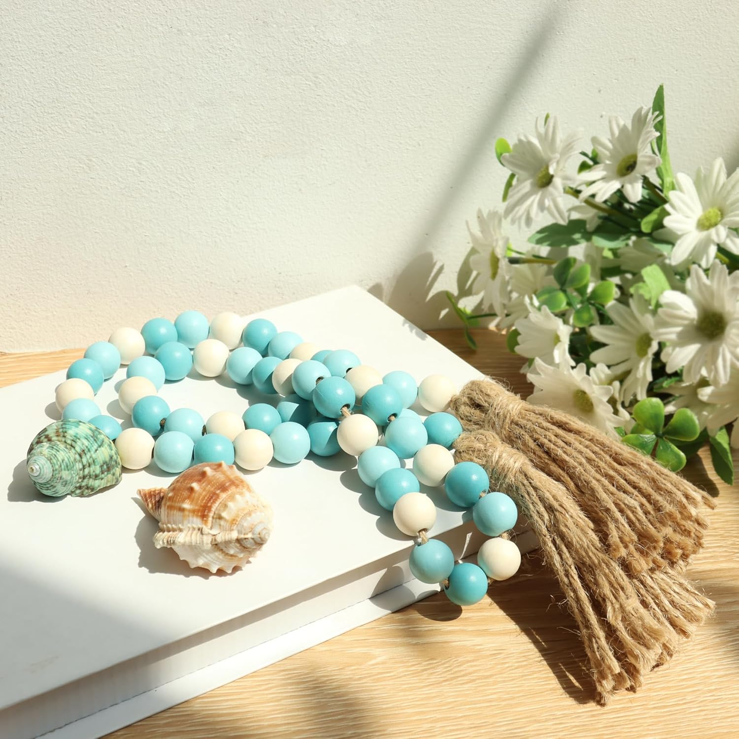 Wood Bead Garland,39in Farmhouse Beads with Tassels Boho Beads for Tiered Tray Decorative Beads Home Decor