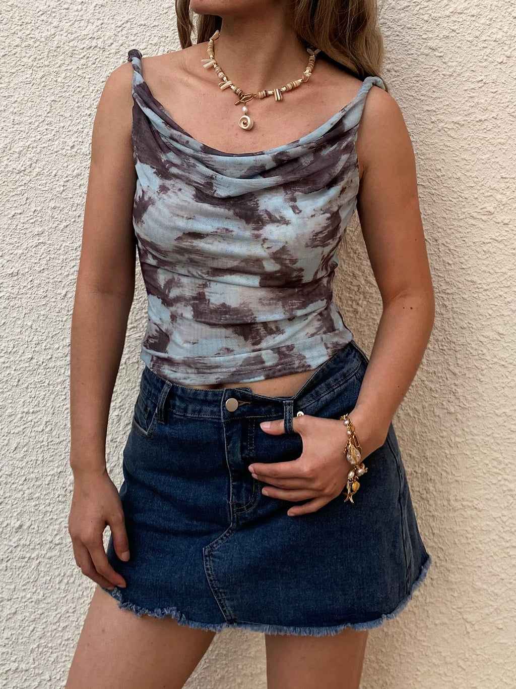 Women's Off The Shoulder Top Sleeveless Twist Strap Slim Fit Tie-Dyed Stretchy Tank Top Y2K Casual T Shirts