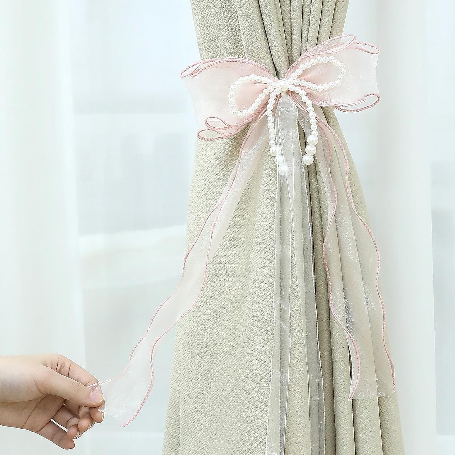 Sweet Pink Bow Curtain Holdbacks Buckles Ribbon Curtain Ties for with Pearls Home Decoration