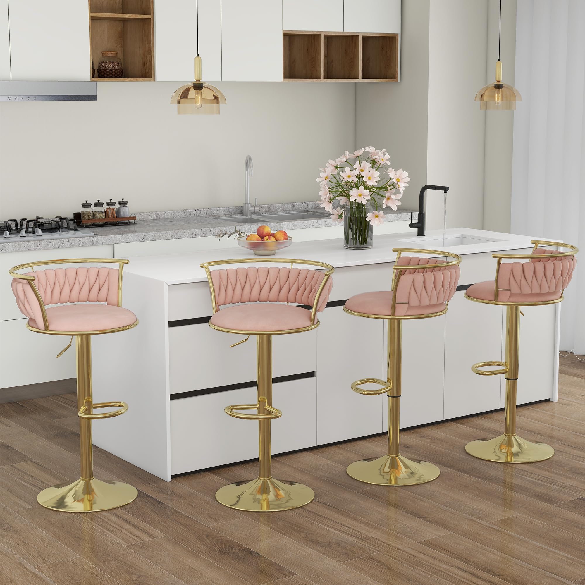 Velvet Swivel Bar Stools, Adjustable Counter Height Bar Chairs with Low Back & Footrest, Modern Gold Bar Stools for Kitchen Island, Bar Pub