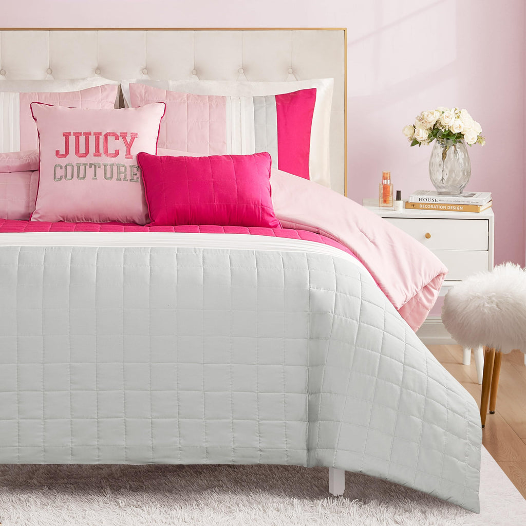 Juicy Couture Color Blocked King Striped 5-Piece Comforter Set - Pink/White/Grey Designer Bedding Set