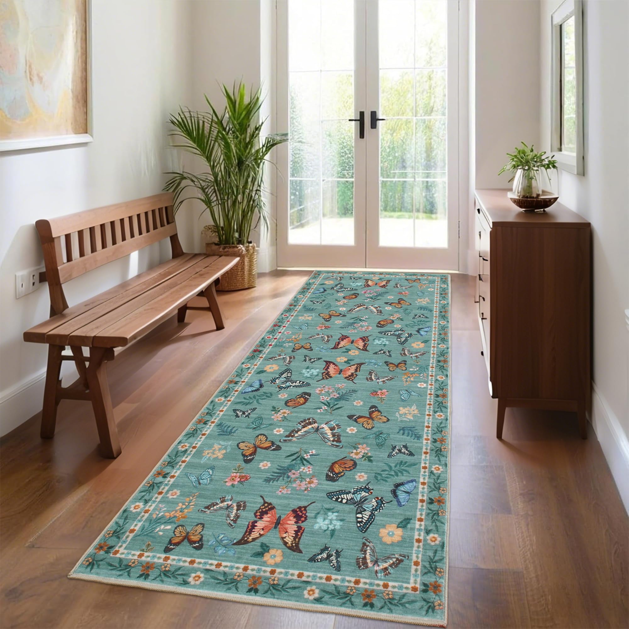 Insect Floral Area Rug, Machine Washable Area Rug Non-Slip Low Pile Large Bedroom Rug Stain Resistant Throw Rug Carpet