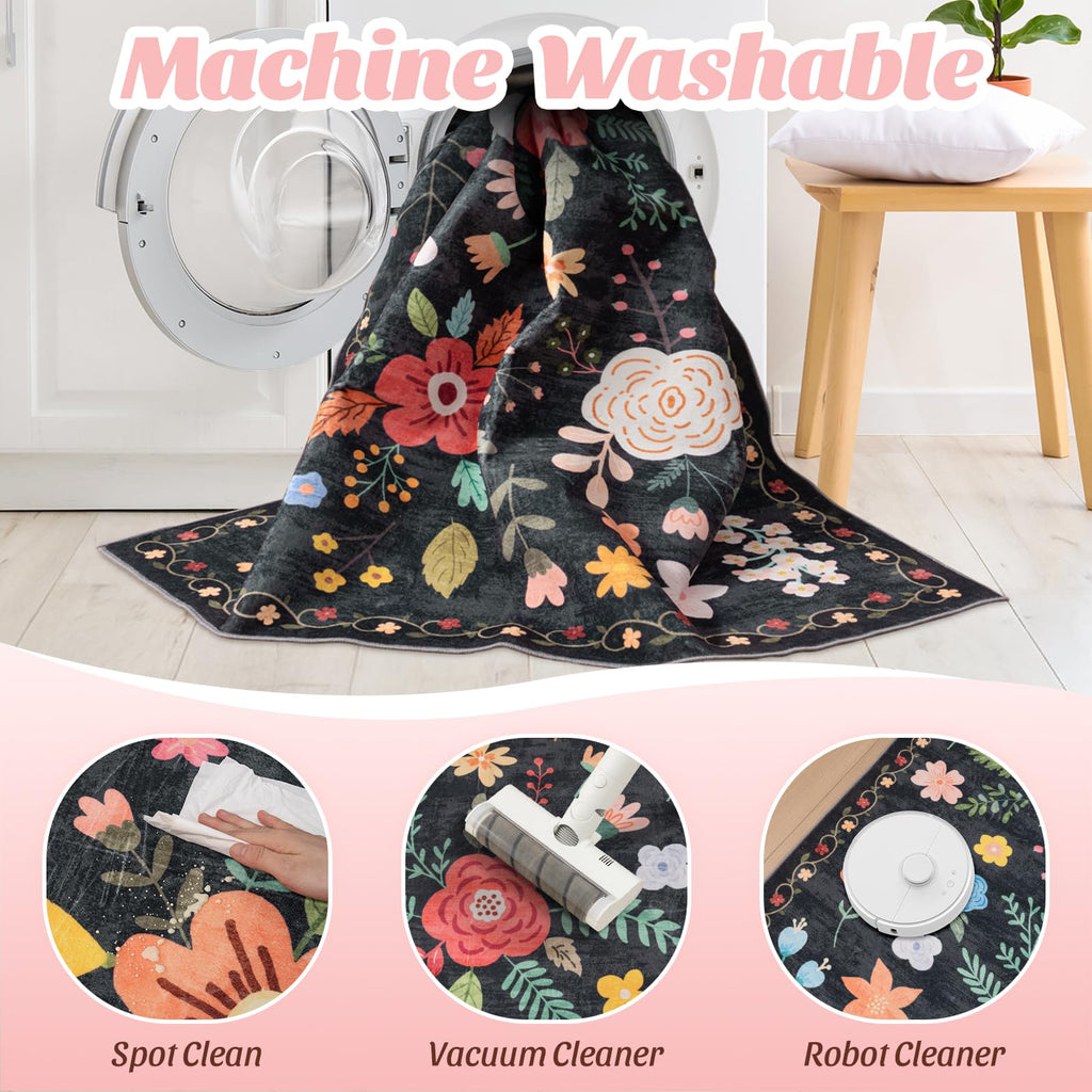 Washable Floral Rugs with Non Slip Backing, Stain Resistant, Floral Soft Low-Pile