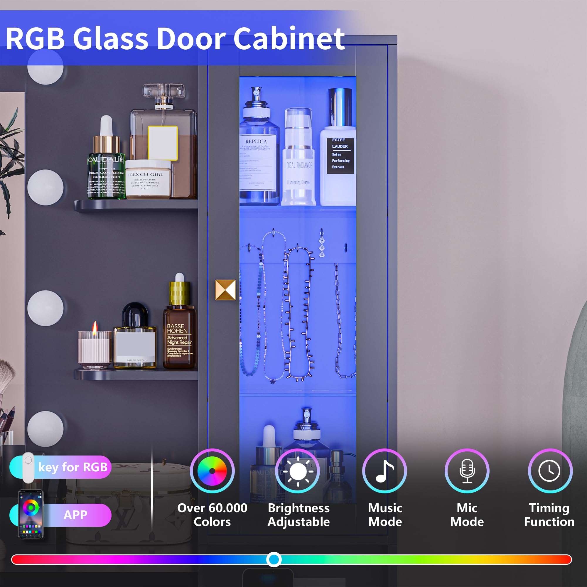 Vanity Desk with Mirror and Lights, Pink Makeup Vanity with 5 Drawers Hidden Jewelry Organizer& LED Glass Cabinet, 3 Lights Mode and Brightness Adjusted,Vanity Mirror with Lights Desk and Chair