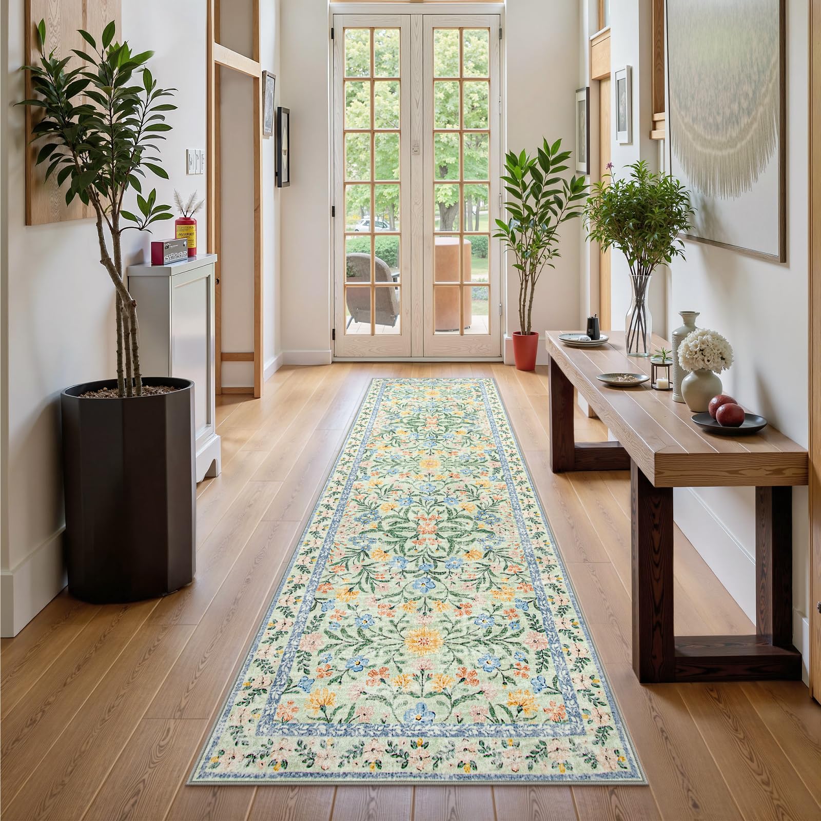 Machine Washable Boho Soft Floral Carpet Non Slip, Indoor Ultra-Thin Floor Carpet for Kid Room Living Room Dorm