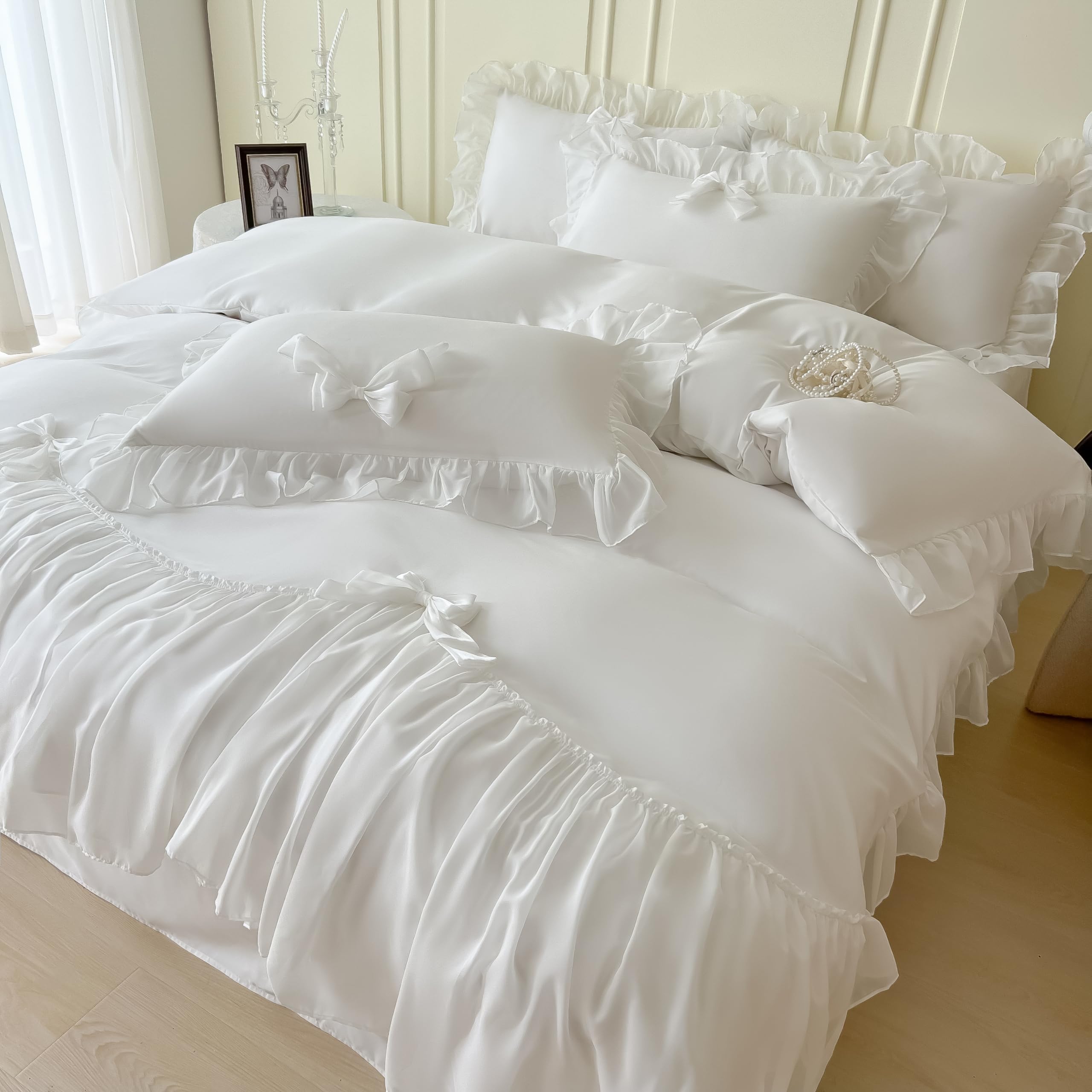 Girls Lace Bedding,Queen Comforter Cover Set, Chic Ruffled Duvet Cover with Lovely Bow,Princess Style 1 Duvet Cover with 2 Pillowcases, No Comforter-Hot Pink,Full Size