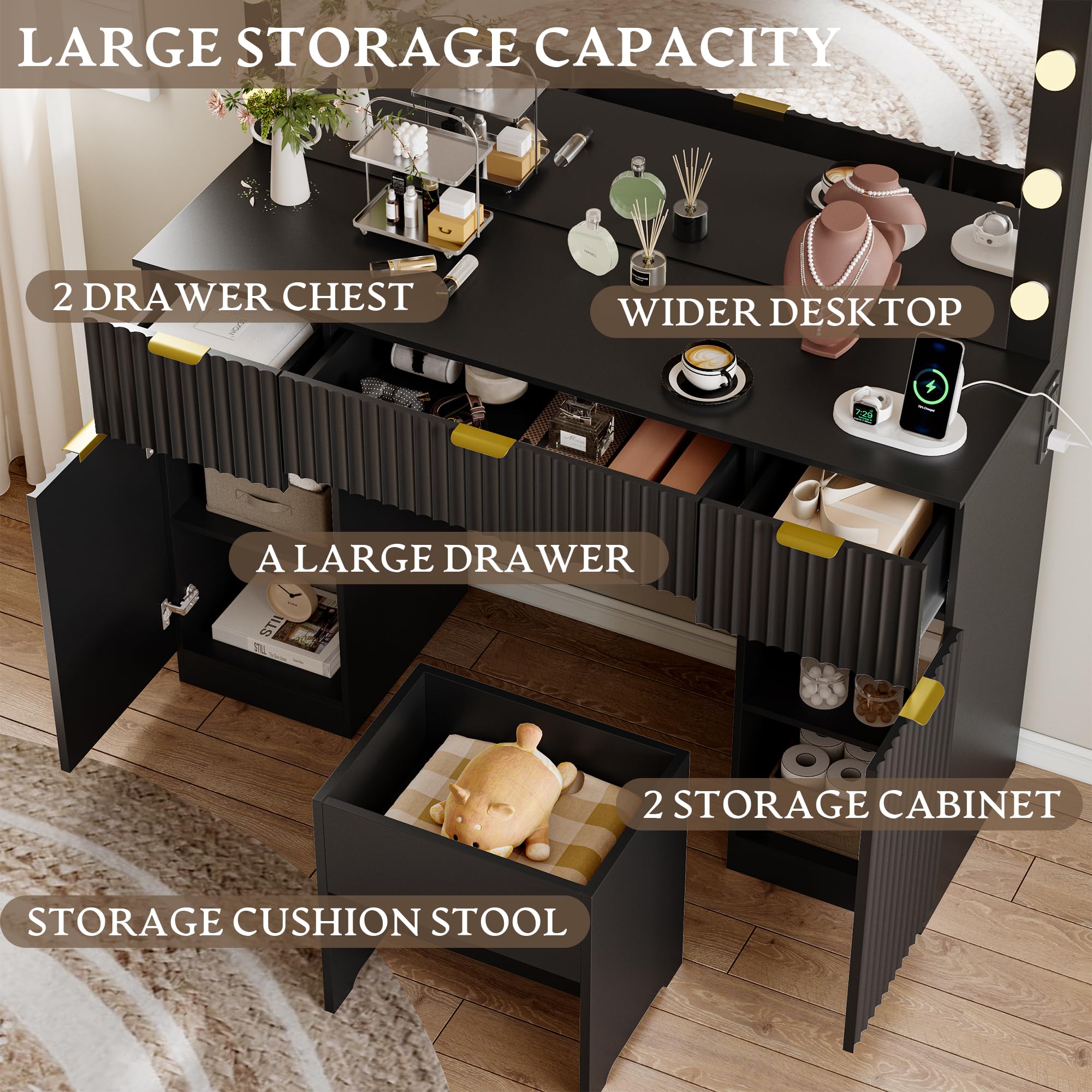 Makeup Vanity Desk with Mirror, Fluted Panel, Large LED Mirror, 3 Lighting Modes & Adjustable Brightness, Charging Station, Dressing Table with Stool