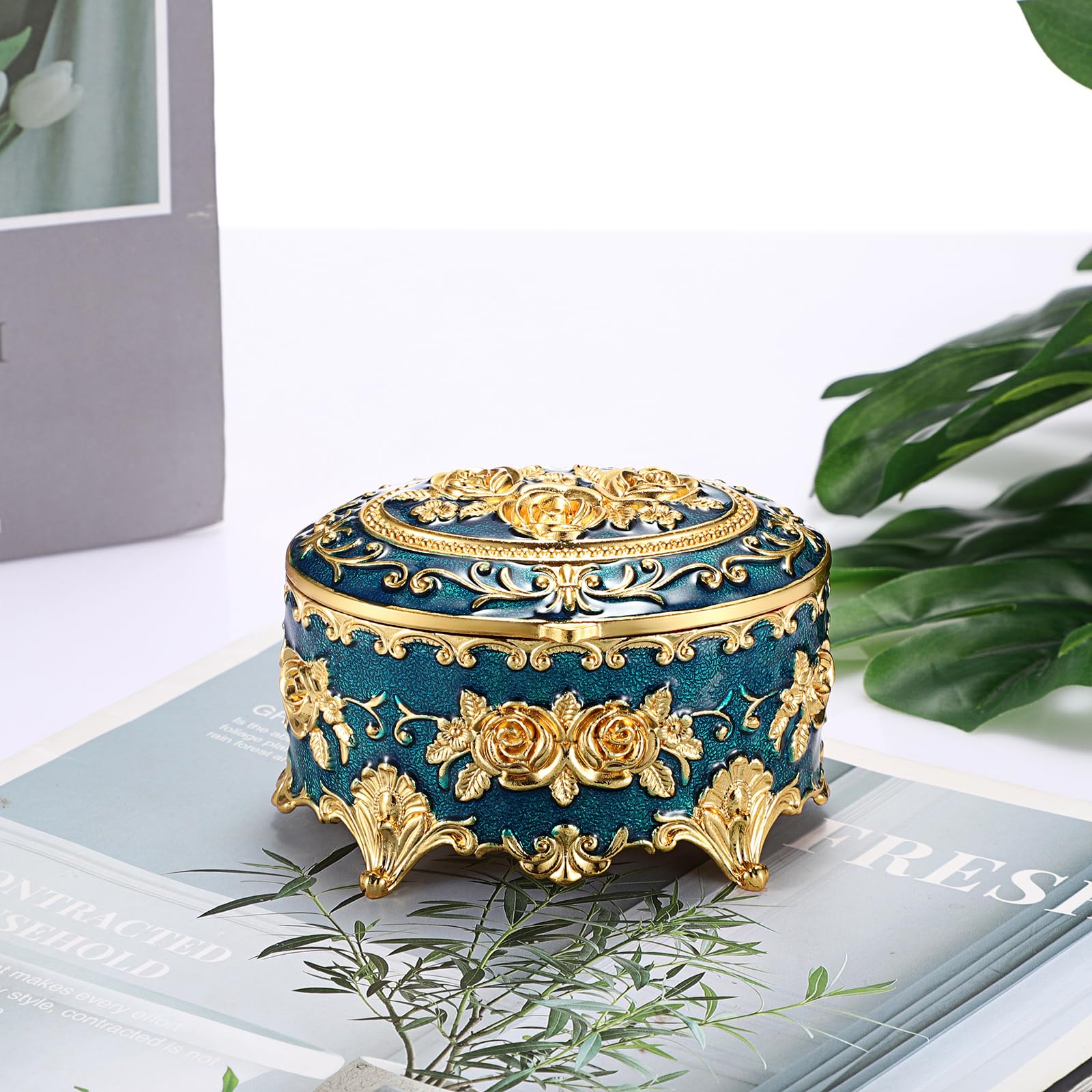 Vintage Metal Jewelry Box - Oval Trinket Organizer with Rose Pattern Jewelry Storage Box