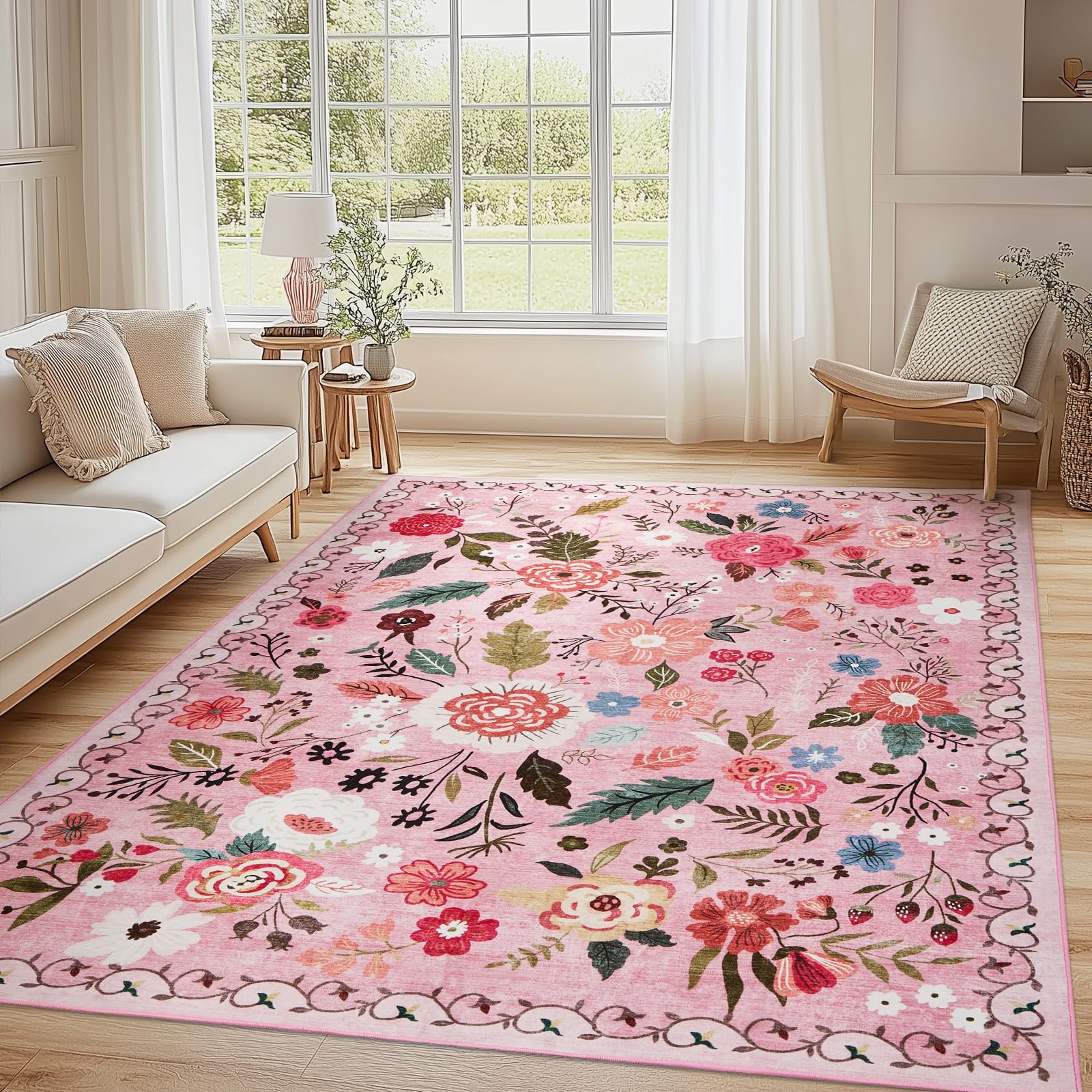 Boho Floral Vintage Rug for Home Washable Rugs Soft Low Pile, Non Slip Non-Shedding