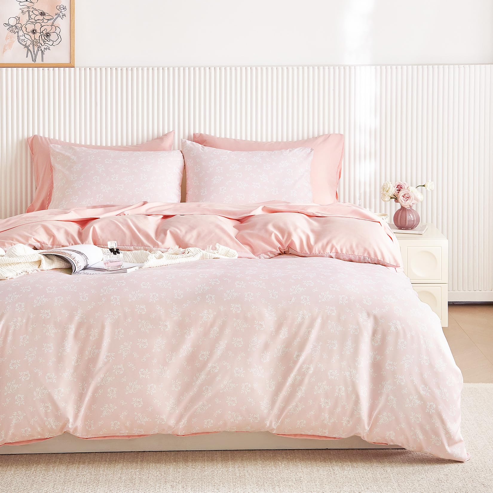 Coquette Duvet Cover Set, Floral Cottagecore Flower Shabby Chic Cute Aesthetic, Soft Lightweight Bedding, 3-Piece