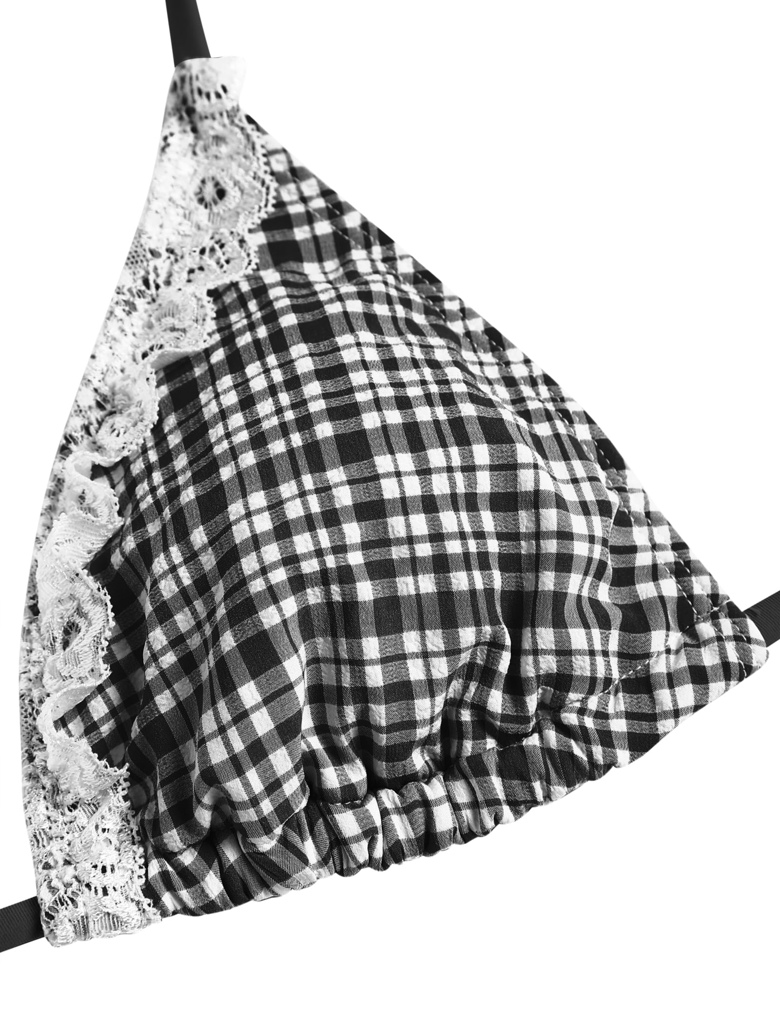 Women's Triangle Bikini Lace Frilled Ruffles Gingham Print Tie Side Spaghetti Strap 2 Pieces Bikini Swimsuit