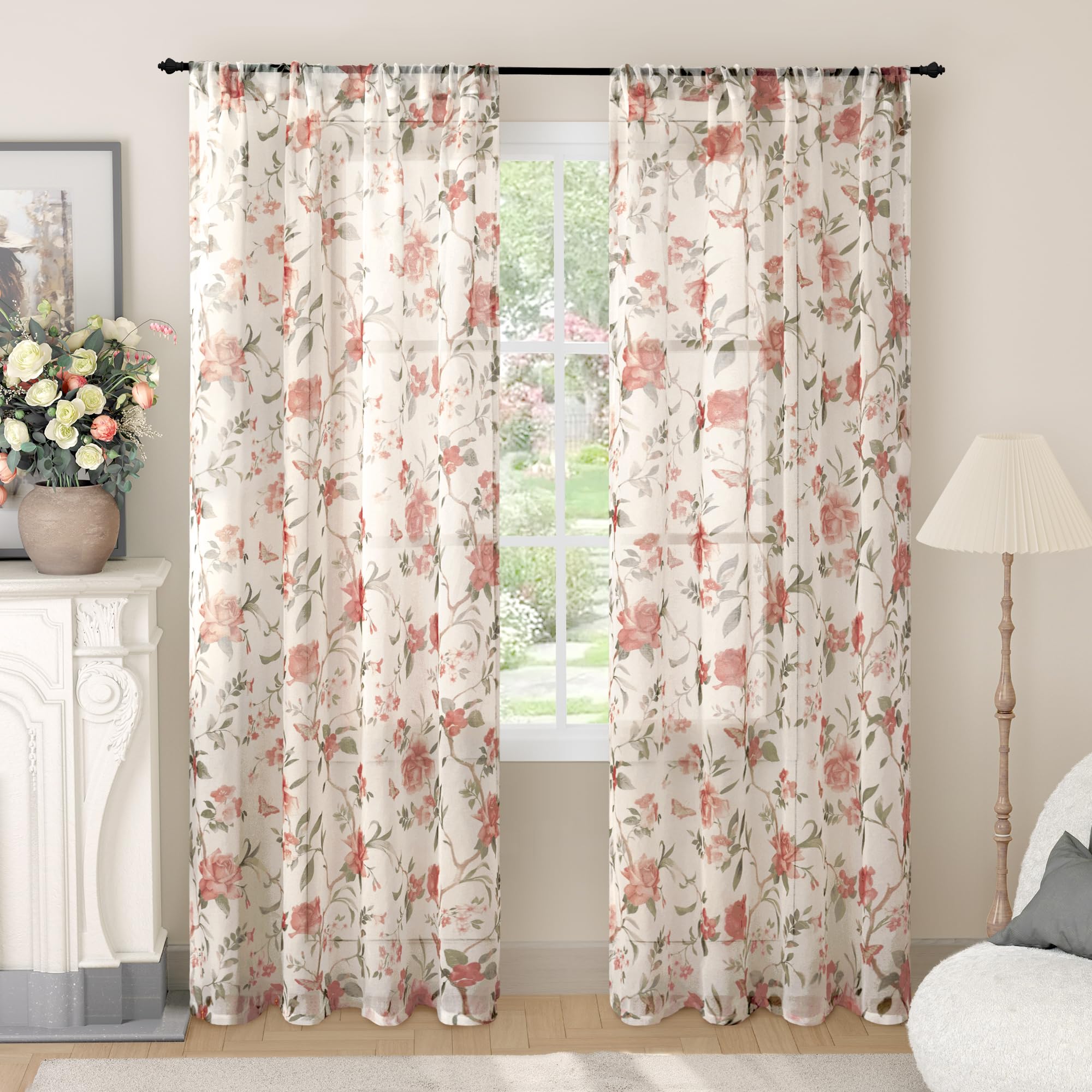Floral Sheer Curtains, Vintage Light Filtering Semi-Sheer Linen Curtains