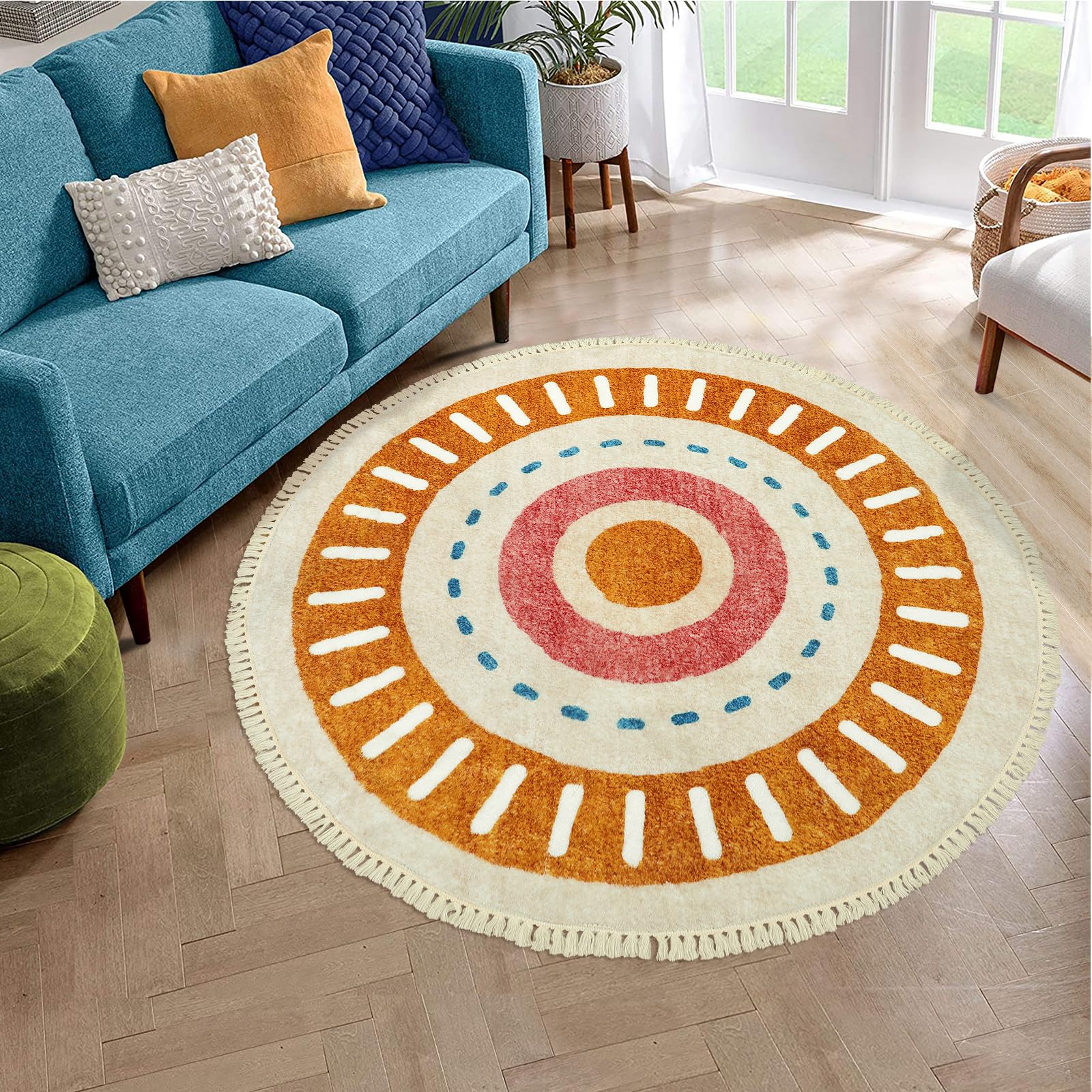 Orange Rainbow Boho Runner Rugs with Fringes, Sun Washable Hallway Runner Rug, Soft Non-Slip Area Rug