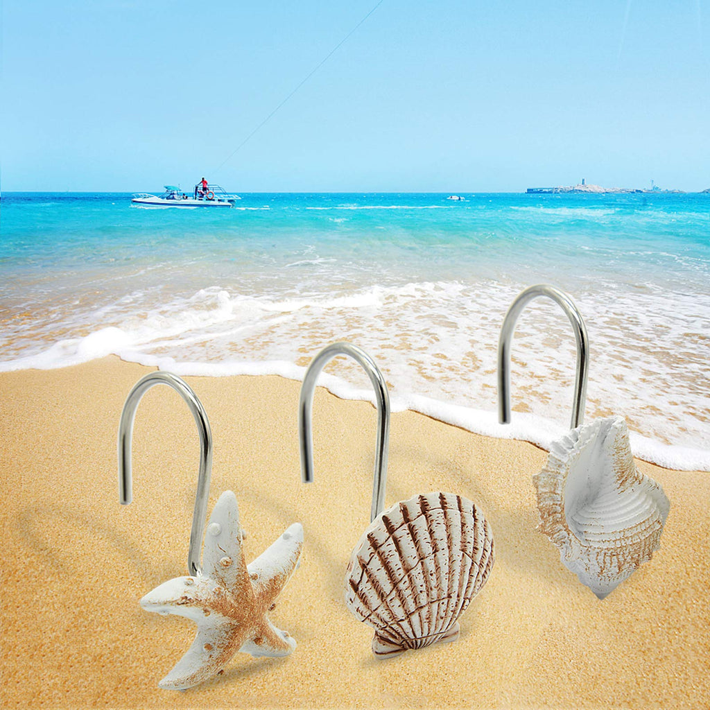 Seashell Shower Curtain Hooks, 12PCS Anti Rust Decorative Resin Hooks for Bathroom