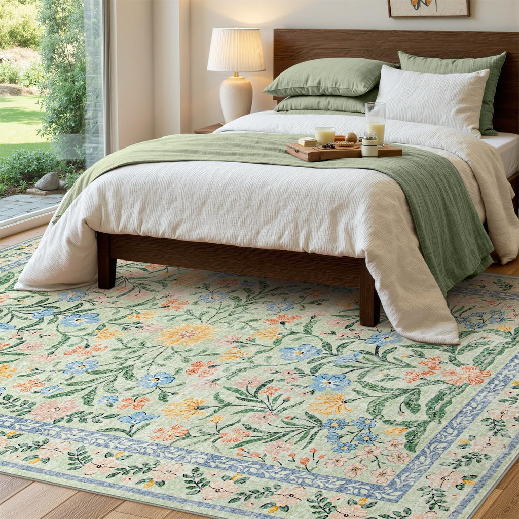Machine Washable Boho Soft Floral Carpet Non Slip, Indoor Ultra-Thin Floor Carpet for Kid Room Living Room Dorm