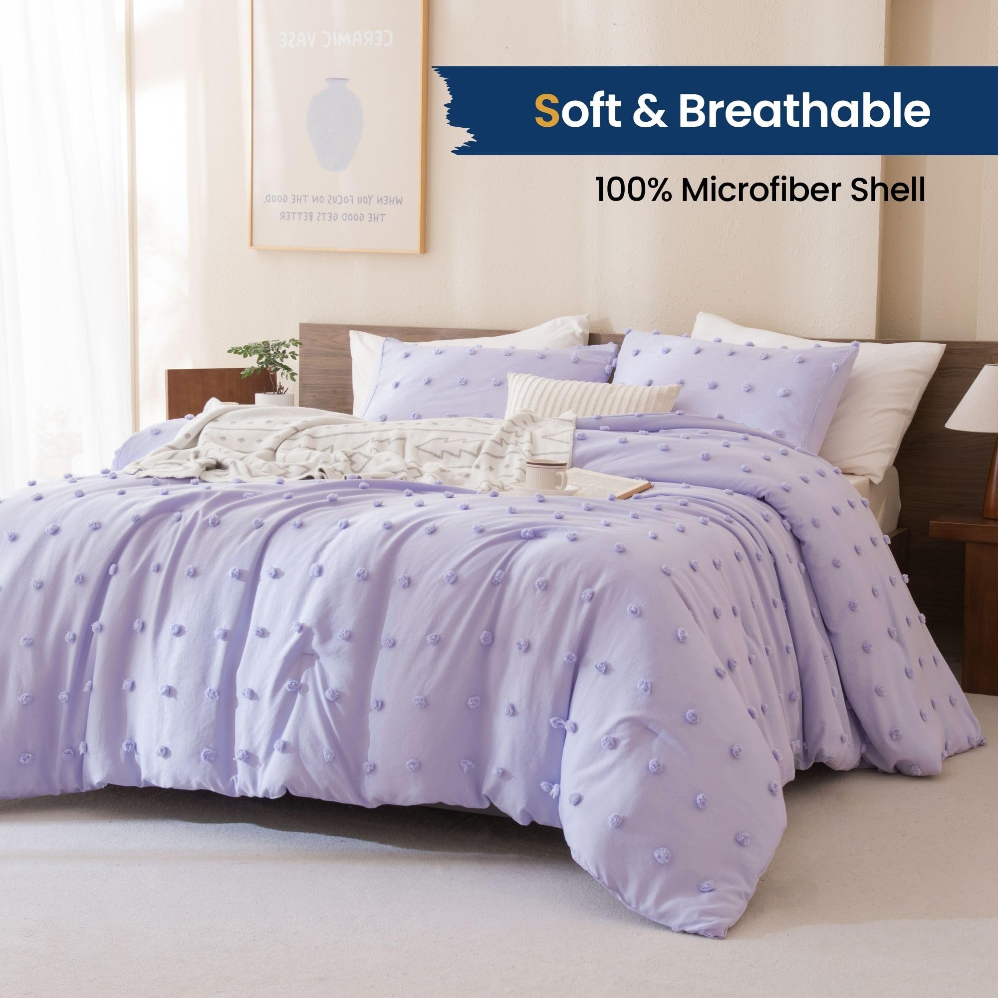 Comforter Set, 2 Pieces- Soft Cotton Lightweight Comforter with 1 Pillowcase, Chenille Dots All Season Down Alternative Comforter Set for Bedding