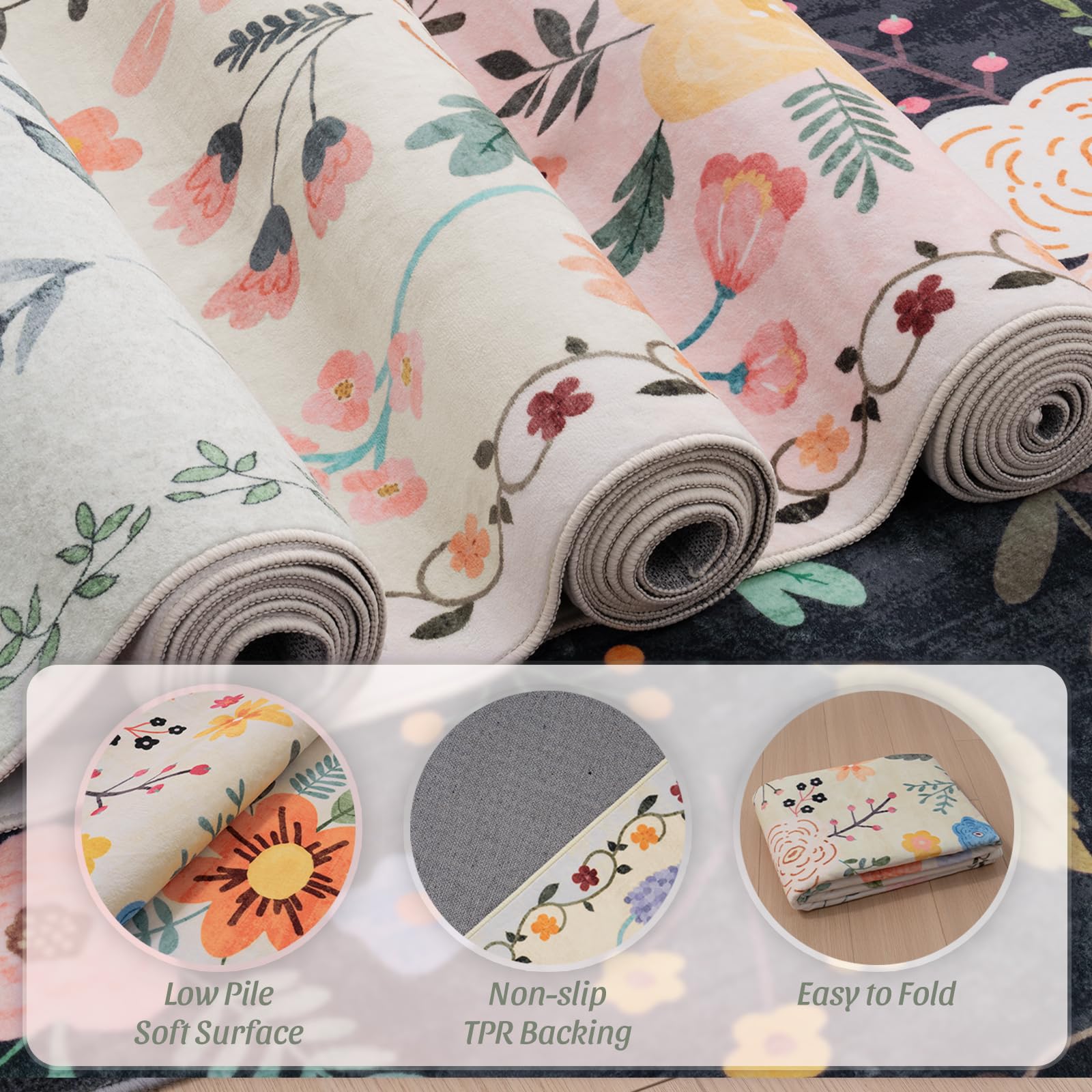 Washable Floral Rugs with Non Slip Backing, Stain Resistant, Floral Soft Low-Pile