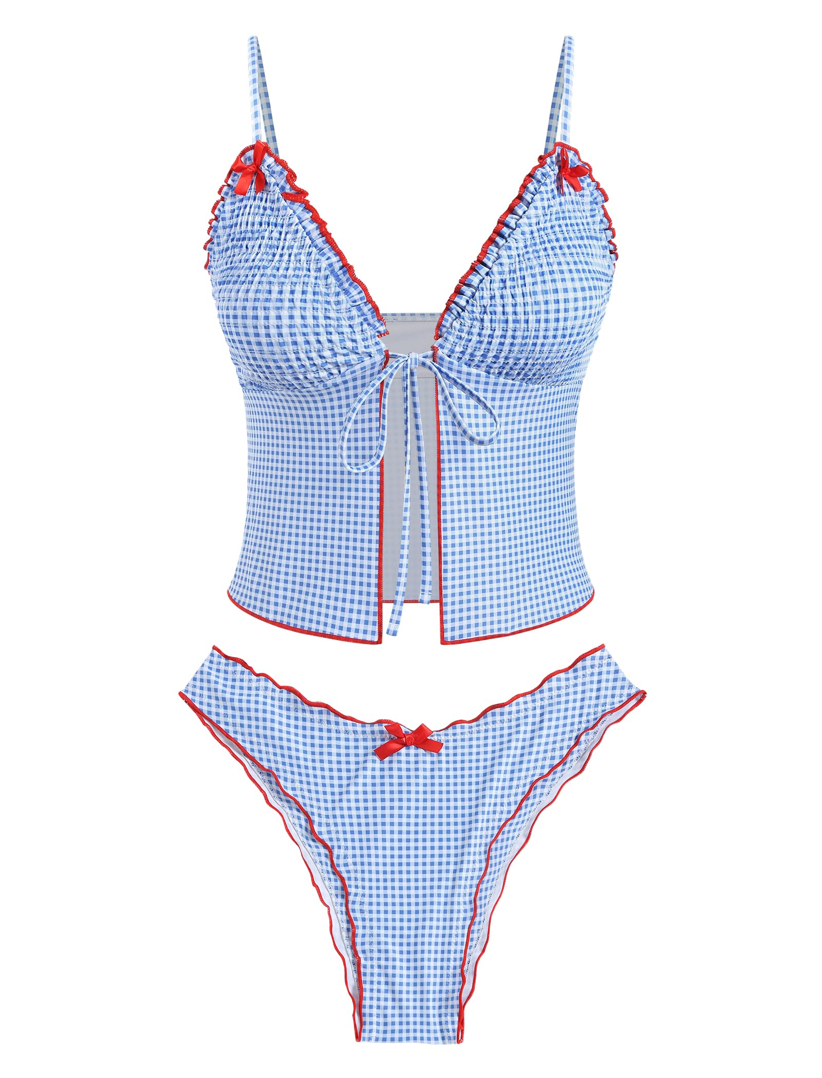 Tankini Swimsuits for Women Smocked Ruffles Tie Front Bowknot Textured High Cut Tanga Tankini Set