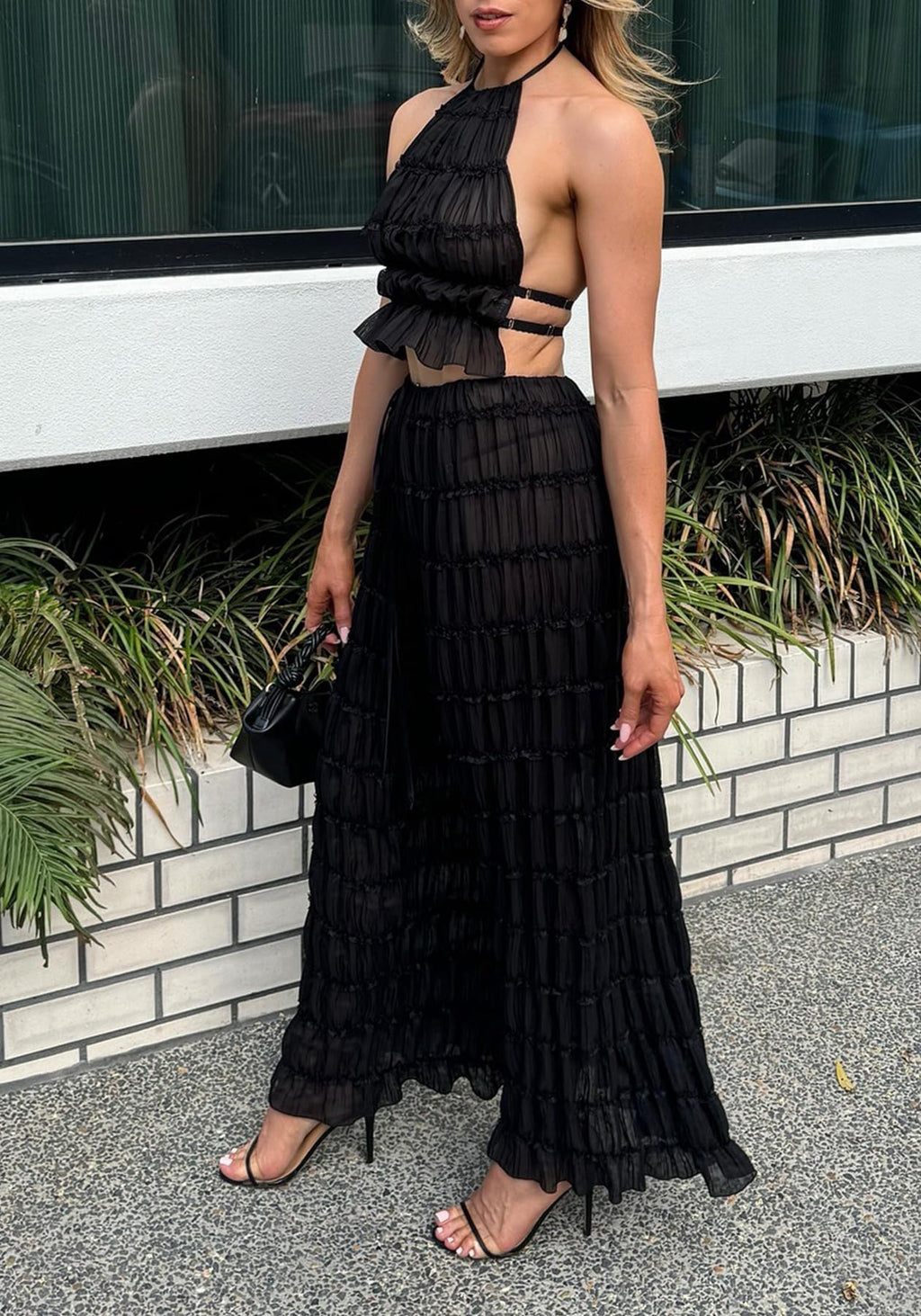 Skirt Sets Women 2 Piece Outfits Backless Halter Top And Pleated Ruffle Flowy Maxi Skirts Y2k Beach Vacation Set