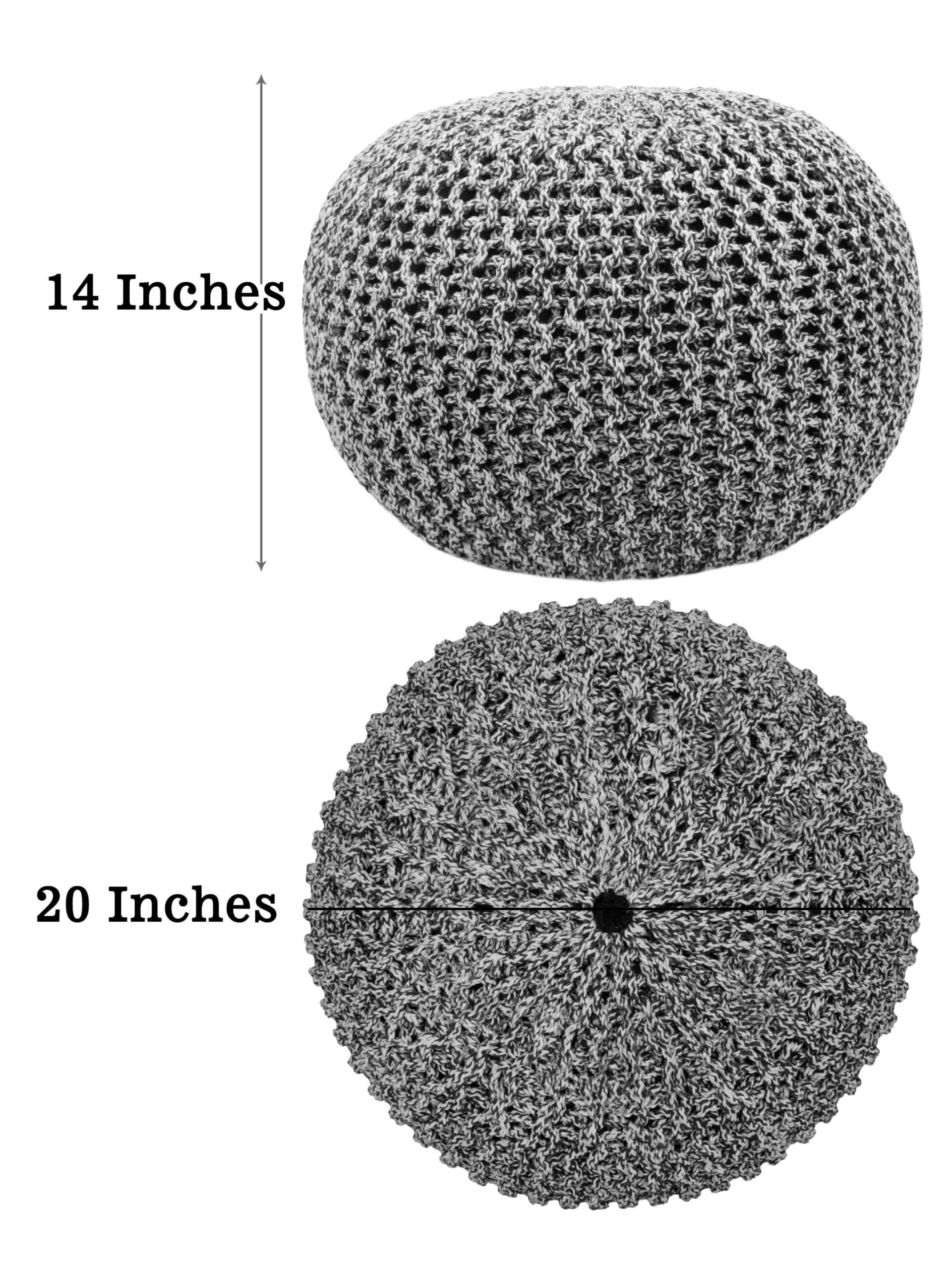 Hand-Knitted Cotton Round Pouf â€?Braid Cord Ottoman, Footrest, and Accent Seat for Living Room, Nursery, Kids Room, or Dorm Décor â€?20x14