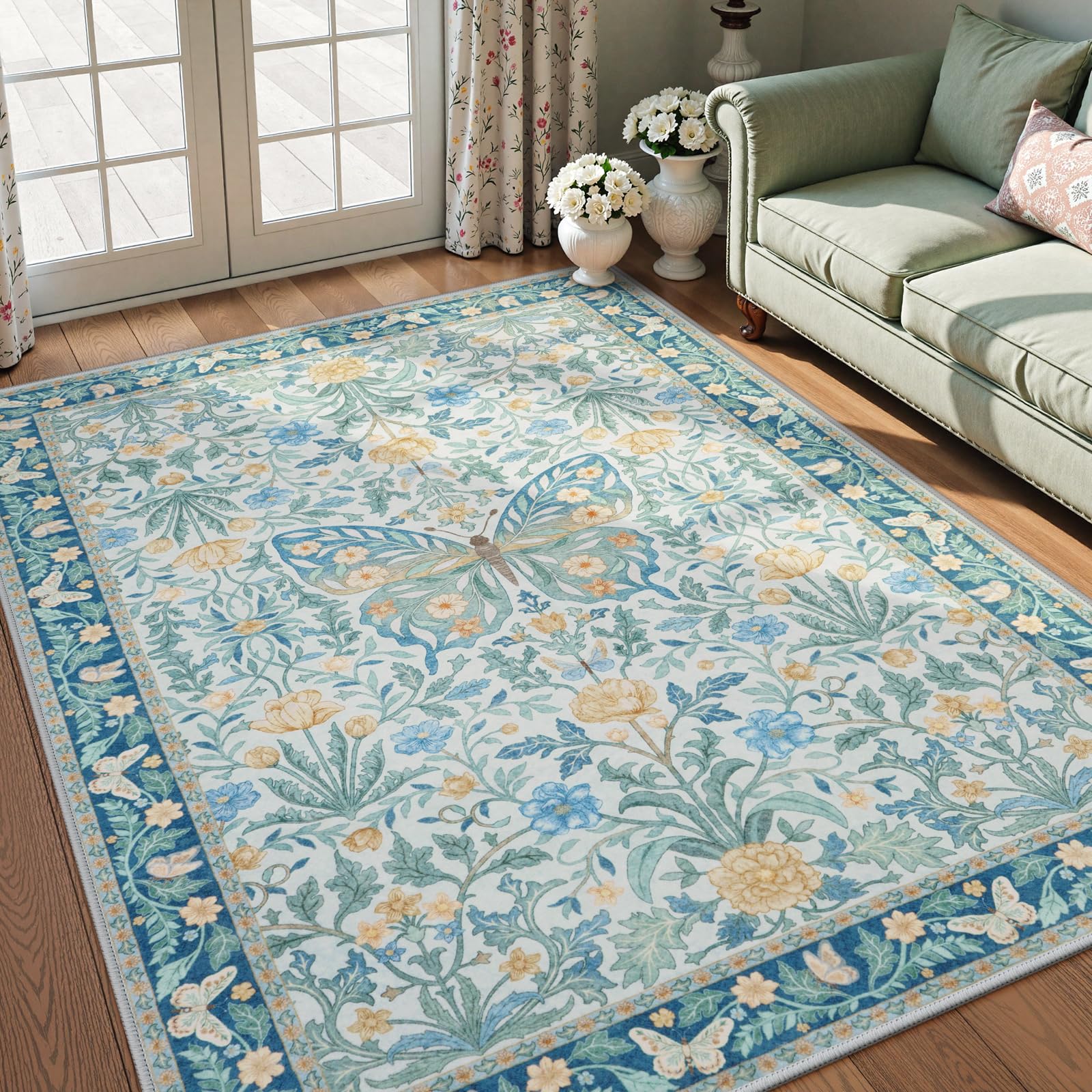 Vintage Floral Rug for Girls Bedroom Washable Non Slip, Soft Ultra Thin Boho Insect Carpet