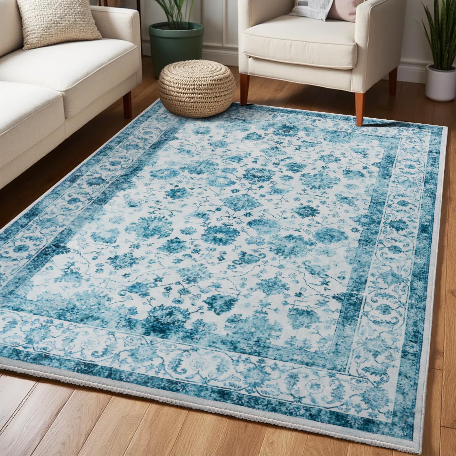 Washable Area Rugs Door Mat Entryway Vintage Floral Non-Slip Low Pile Entrance Thin Rug Carpet for Kitchen Bathroom Living Room Pink