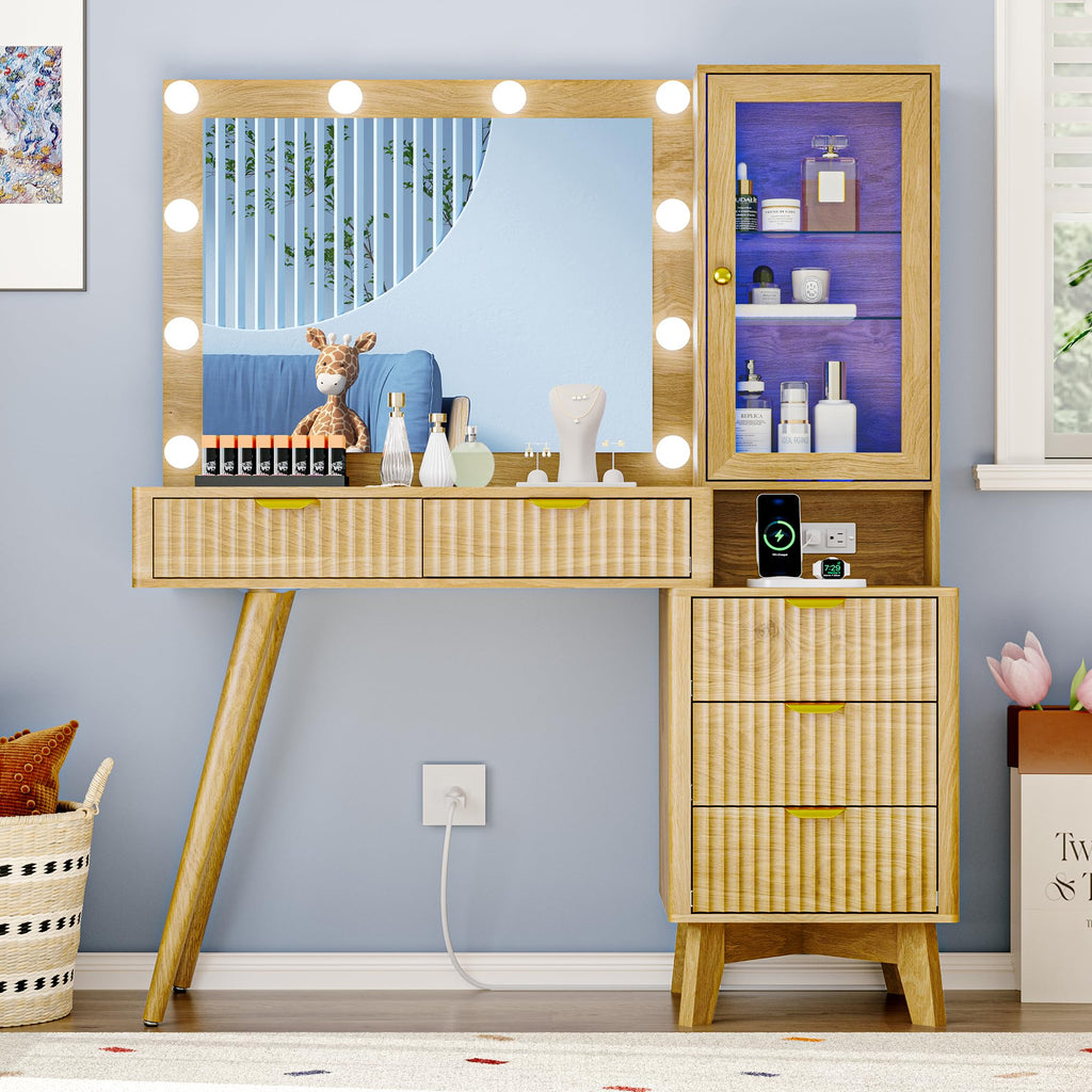 Fluted Vanity Desk with Mirror and Lights, 45" Glass Top Makeup Table Set with 5 Drawers, Power Outlet & Storage Cabinet, Large Dressing Table with RGB Ambient Light