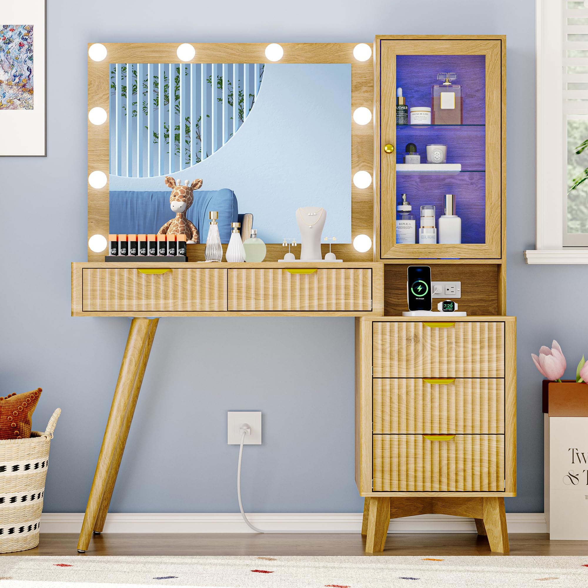 Fluted Vanity Desk with Mirror and Lights, 45" Glass Top Makeup Table Set with 5 Drawers, Power Outlet & Storage Cabinet, Large Dressing Table with RGB Ambient Light