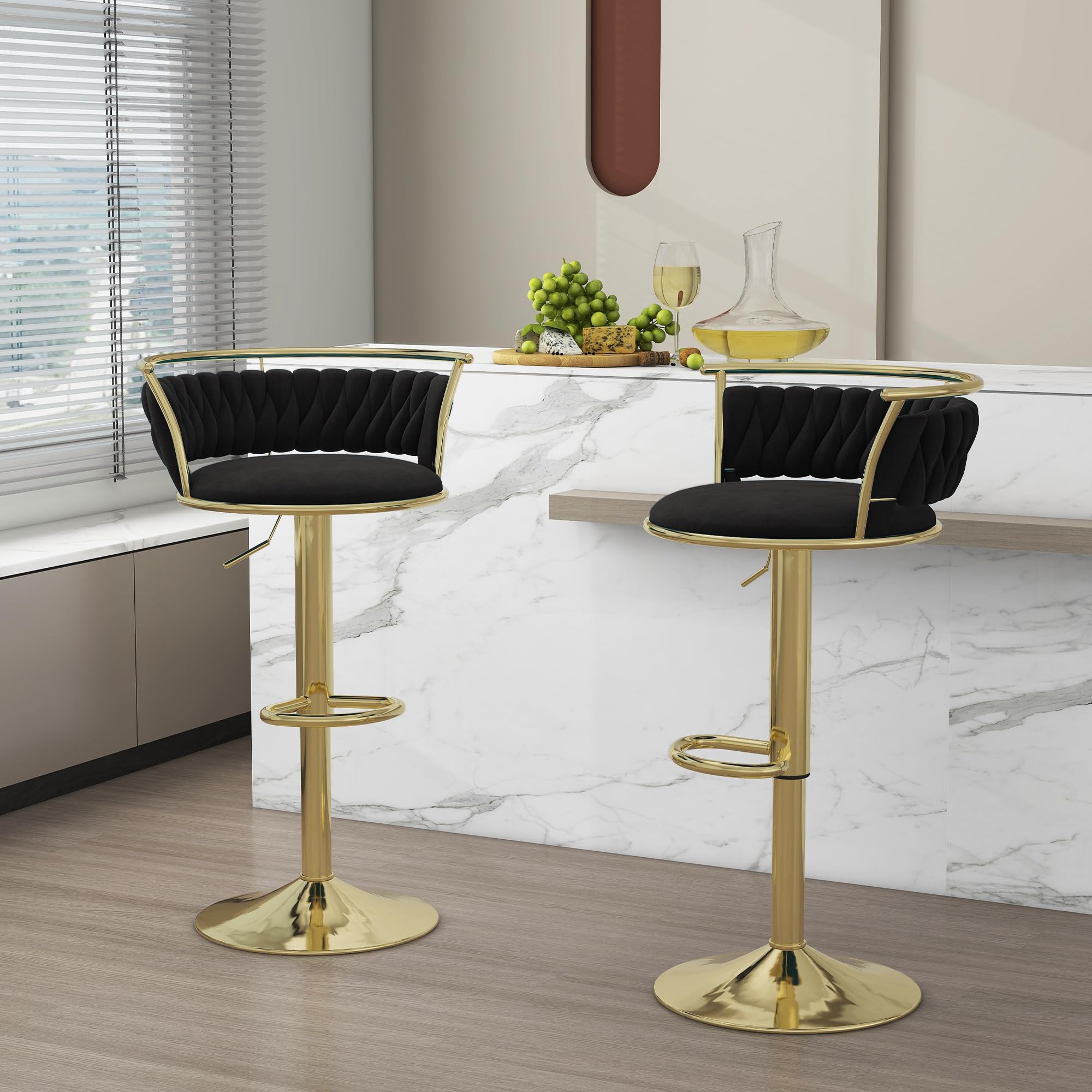 Velvet Swivel Bar Stools, Adjustable Counter Height Bar Chairs with Low Back & Footrest, Modern Gold Bar Stools for Kitchen Island, Bar Pub