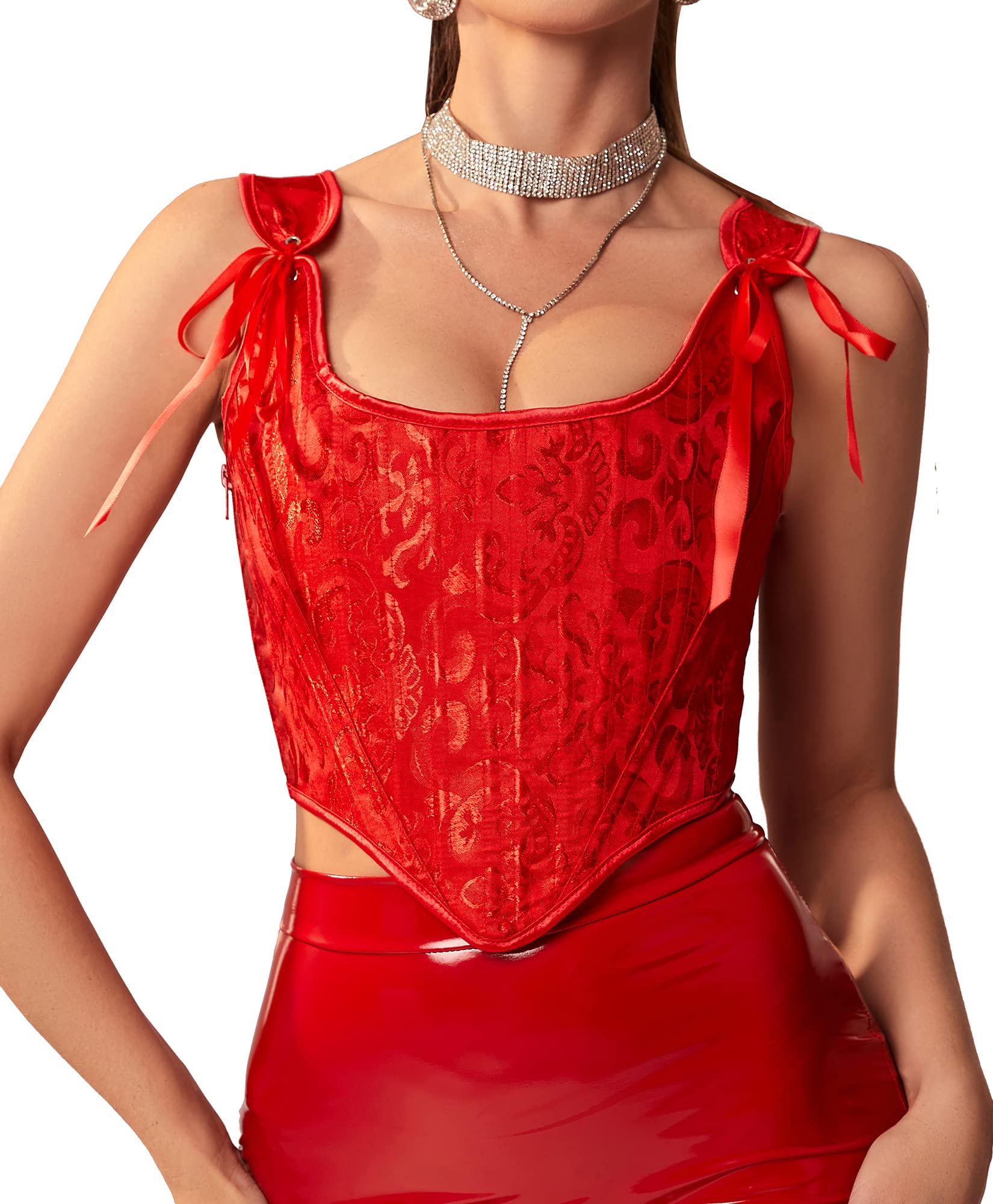 Womens Vintage Asymmetrical Hem Overbust Corset Tie Front Lace-up Back Bustier Shapewear Top