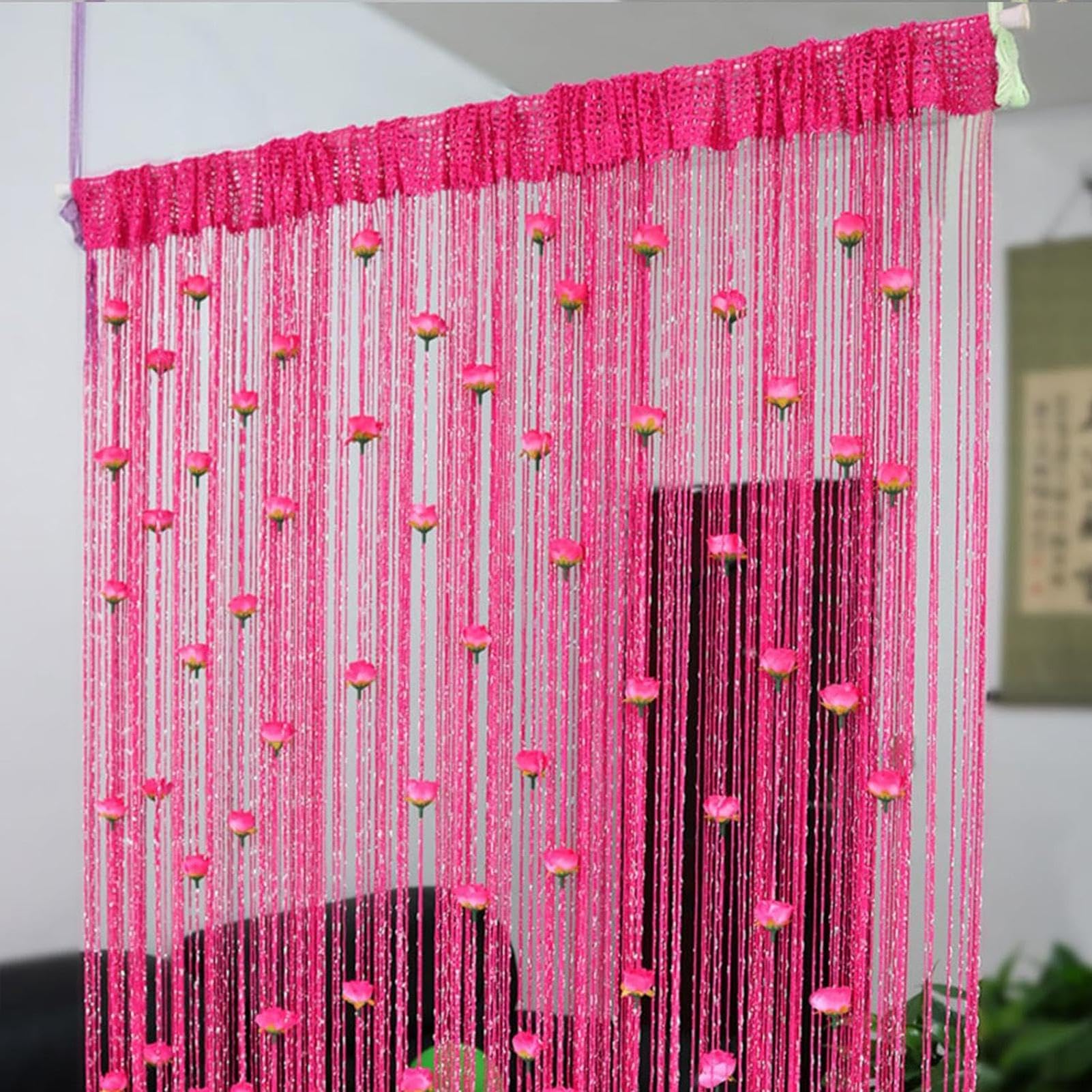 New Beaded String Curtain with Roses - 100 x 200cm Fly Screens for Doors, Tassel Fringe