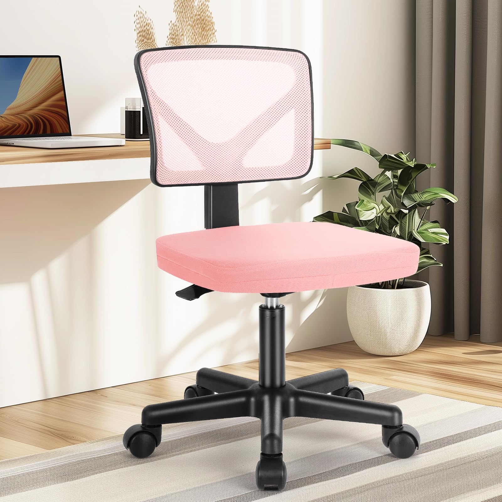 Vanity Swivel Armless Desk Chairs with Wheels, Ergonomic Adjustable Home Office Rolling Task Chair, Comfy Mesh Mid Back