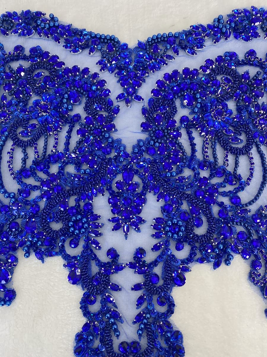 Handmade red/Blue/Gold/Green Rhinestones lace Bodice Applique Sewing Beads Crystal Trim Patches Accessory for Dress Clothes (Rose red)