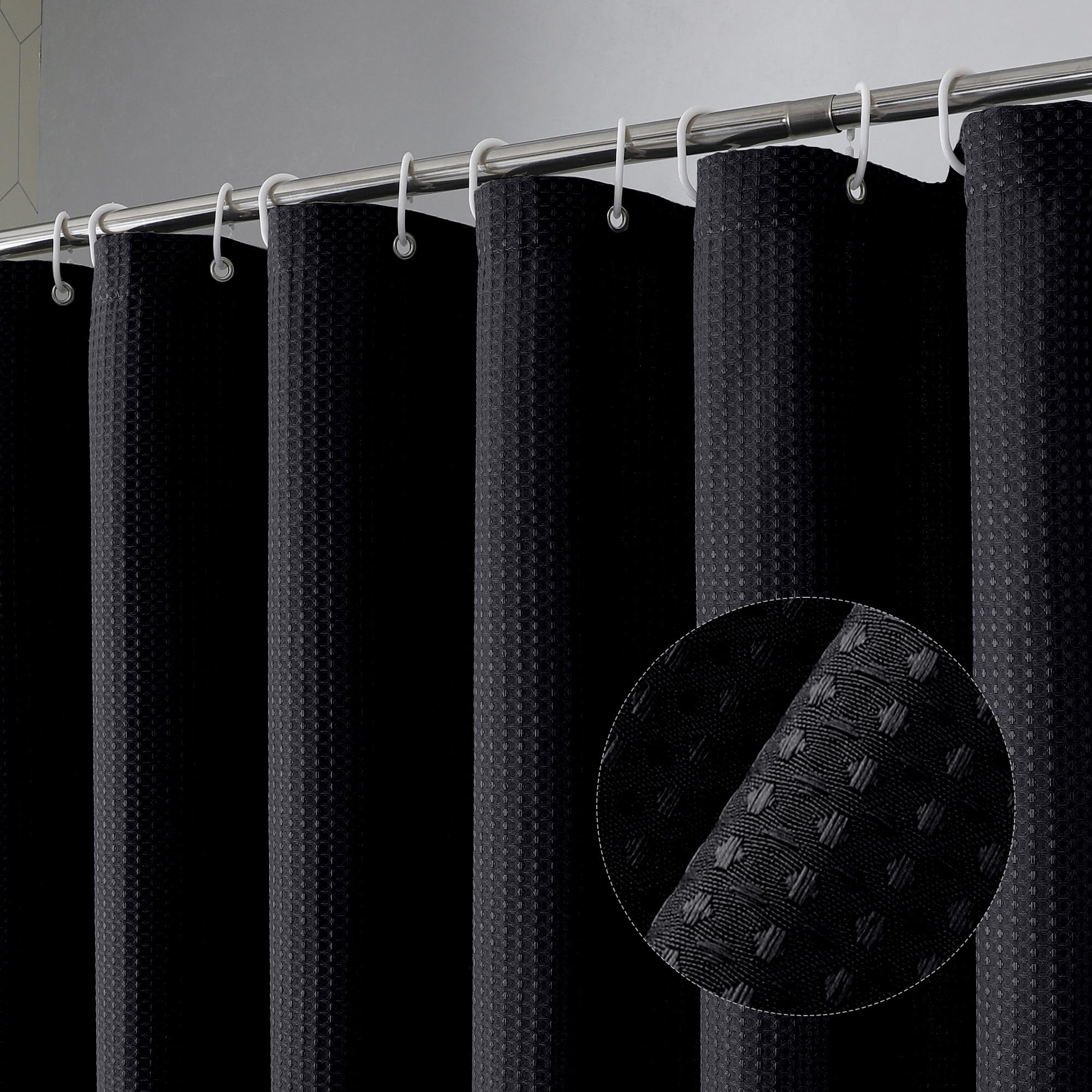 Waffle Textured Heavy Duty Fabric Shower Curtain for Bathroom, Luxury Hotel Weighted 230GSM Bath Curtain with 12 Plastic Hooks, Machine Washable, 72x72