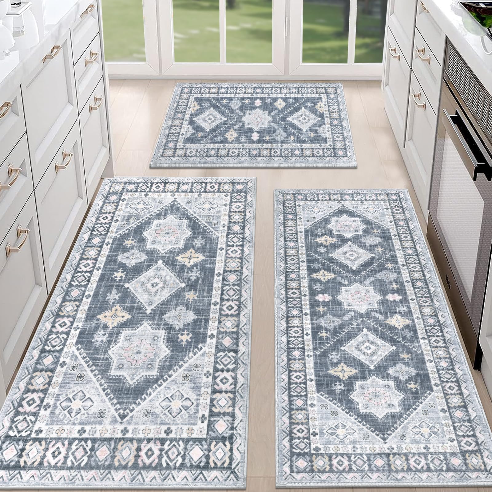 Thick Boho Kitchen Rug Sets 3 Piece with Runner Non Slip Kitchen Rugs and Mats Washable Kitchen Mats