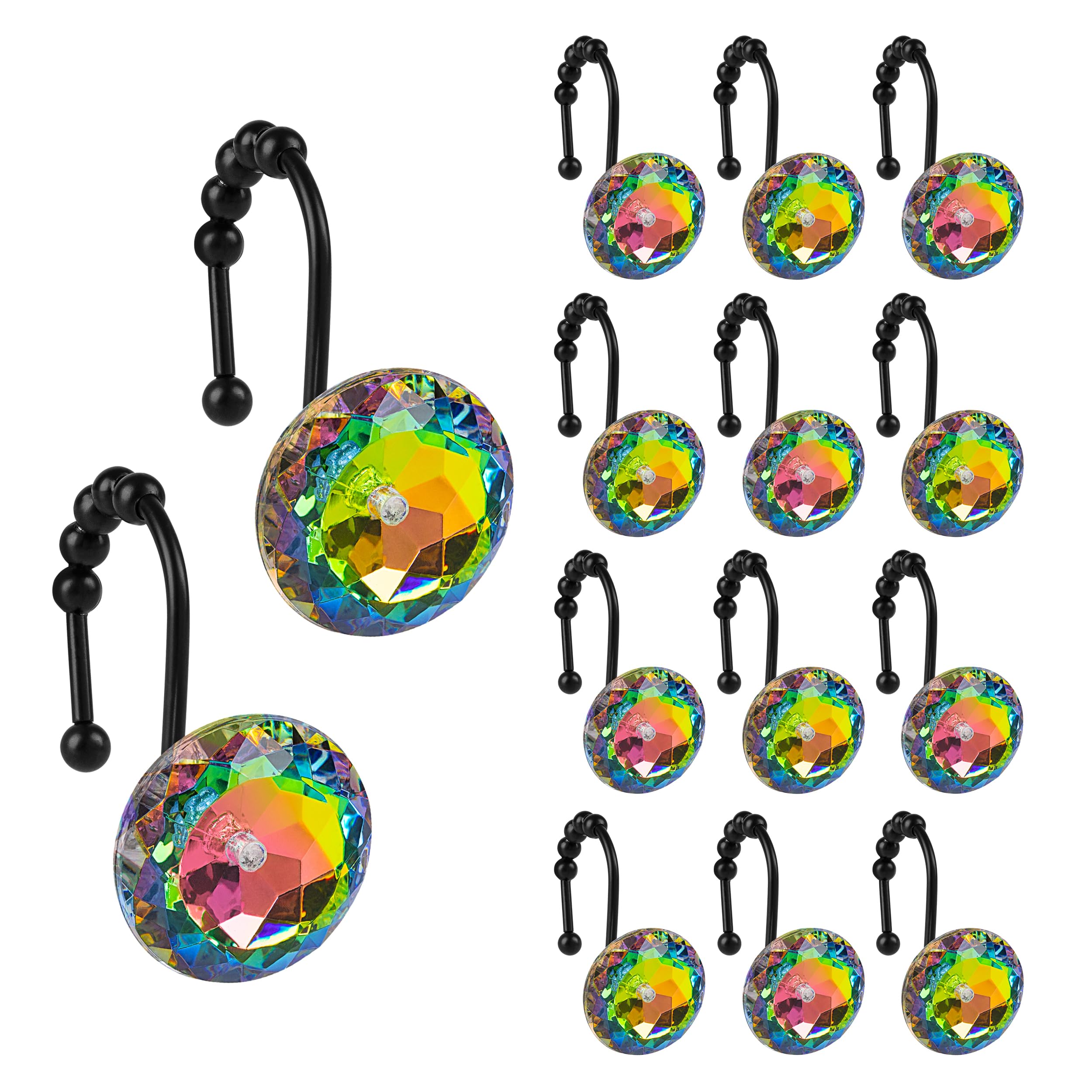 Luxury Design Round Diamond Crystal Gem Bling with Glide Balls Shower Curtain Hooks, Rust Proof Metal Rhinestones Glam Shower Curtain Rings-12 Pack