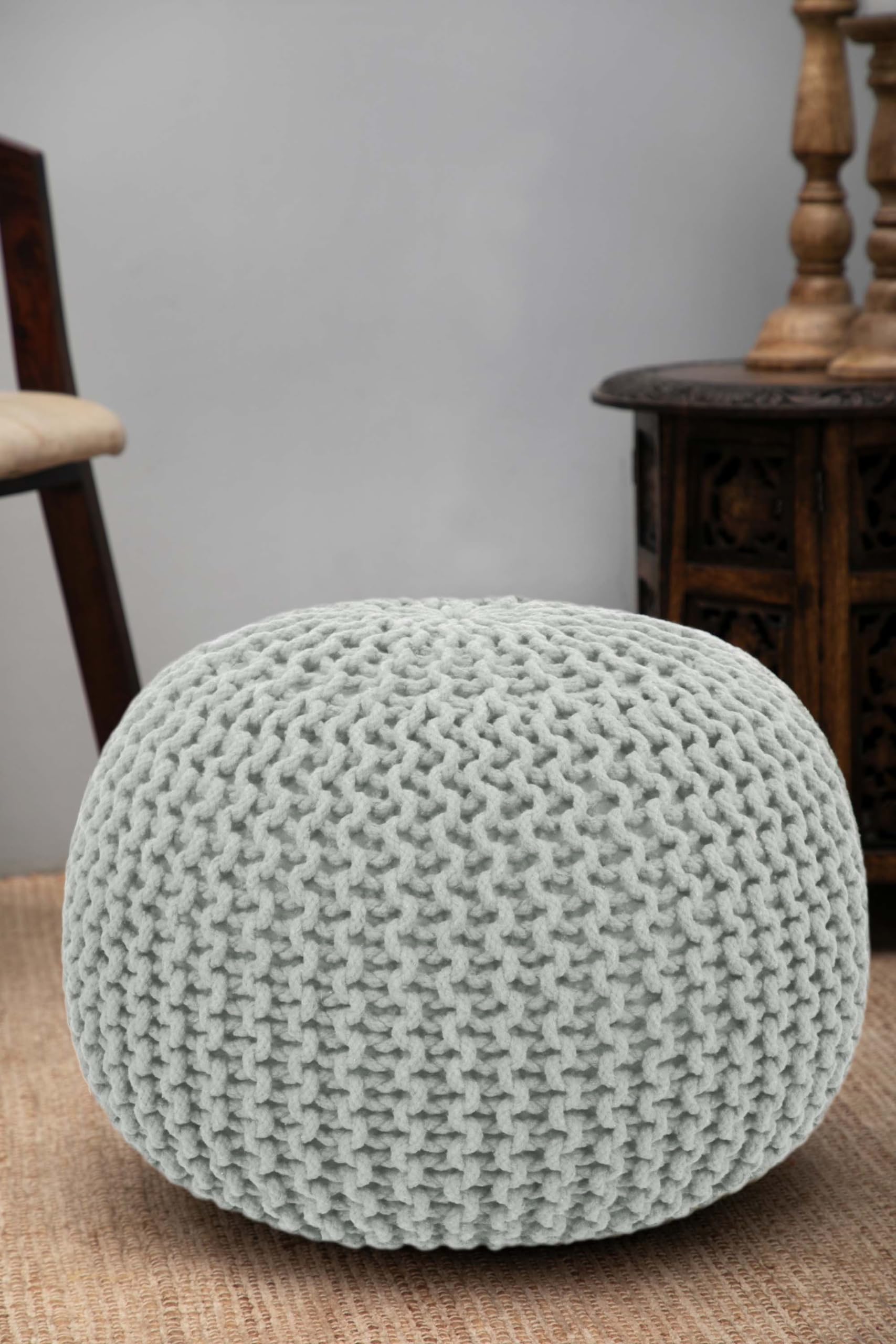 Hand-Knitted Cotton Round Pouf â€?Braid Cord Ottoman, Footrest, and Accent Seat for Living Room, Nursery, Kids Room, or Dorm Décor â€?20x14