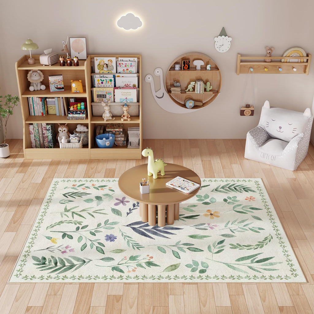 Washable Floral Rugs with Non Slip Backing, Stain Resistant, Floral Soft Low-Pile