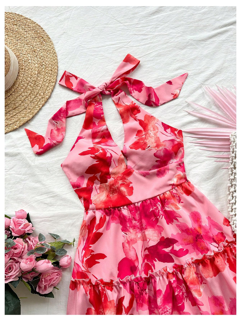 Women's Floral Print Sleeveless Halter Neck Layered Hem A Line Mini Dress