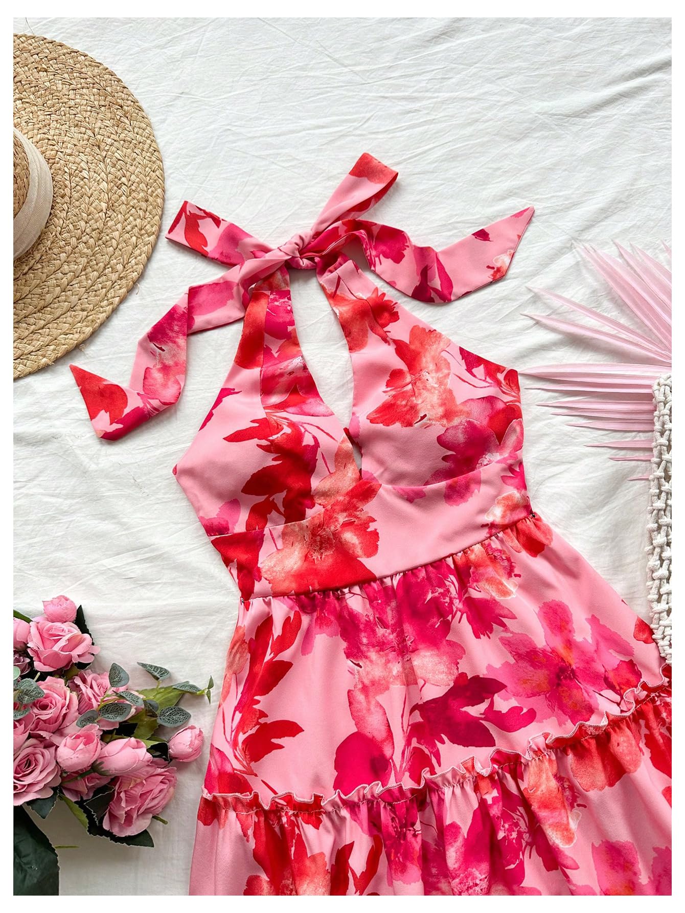 Women's Floral Print Sleeveless Halter Neck Layered Hem A Line Mini Dress