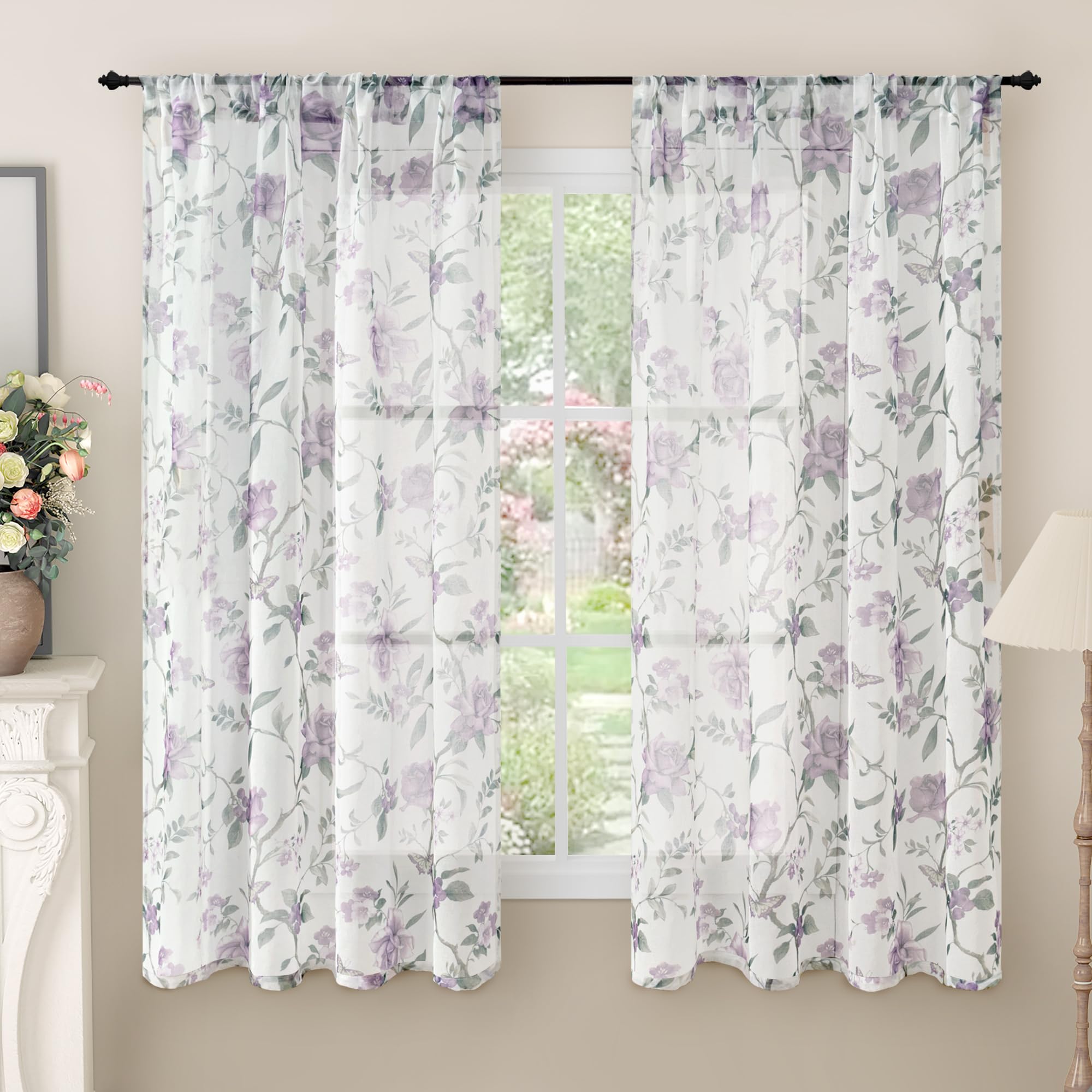 Floral Sheer Curtains, Vintage Light Filtering Semi-Sheer Linen Curtains